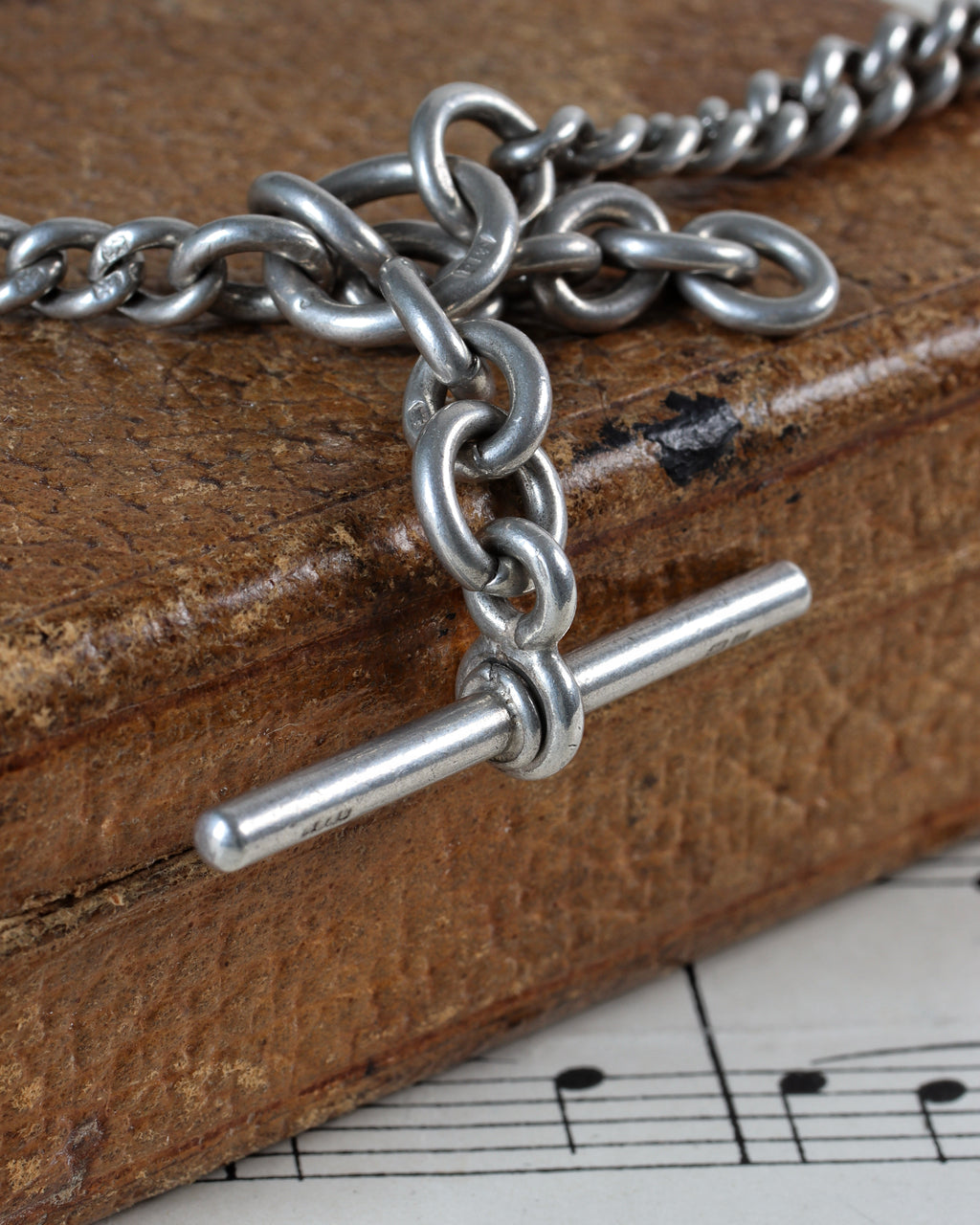 Victorian Sterling Silver Graduated Curb Link Watch Chain with Swivel T-Bar & Dog Clips