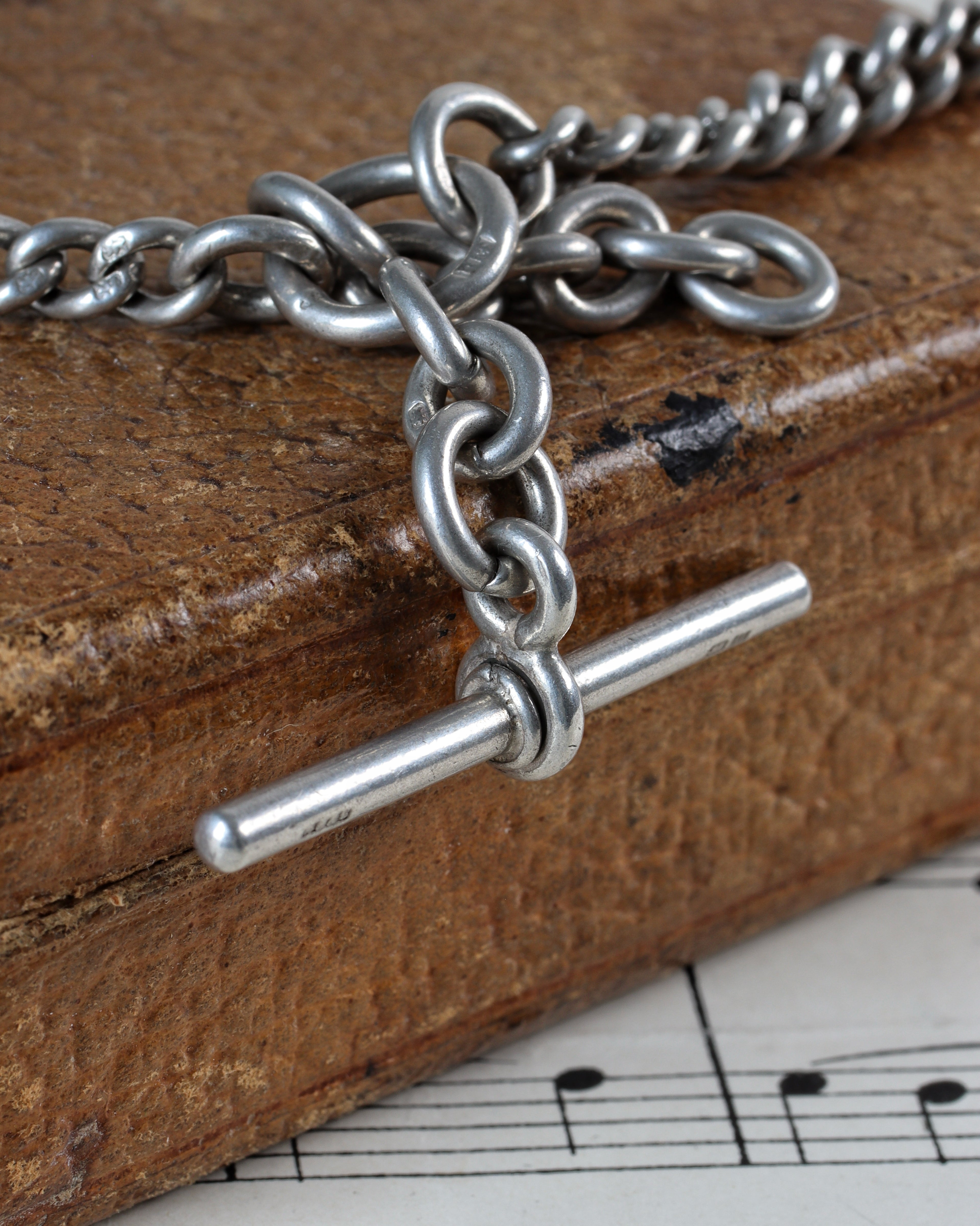 Victorian Sterling Silver Graduated Curb Link Watch Chain with Swivel T-Bar & Dog Clips