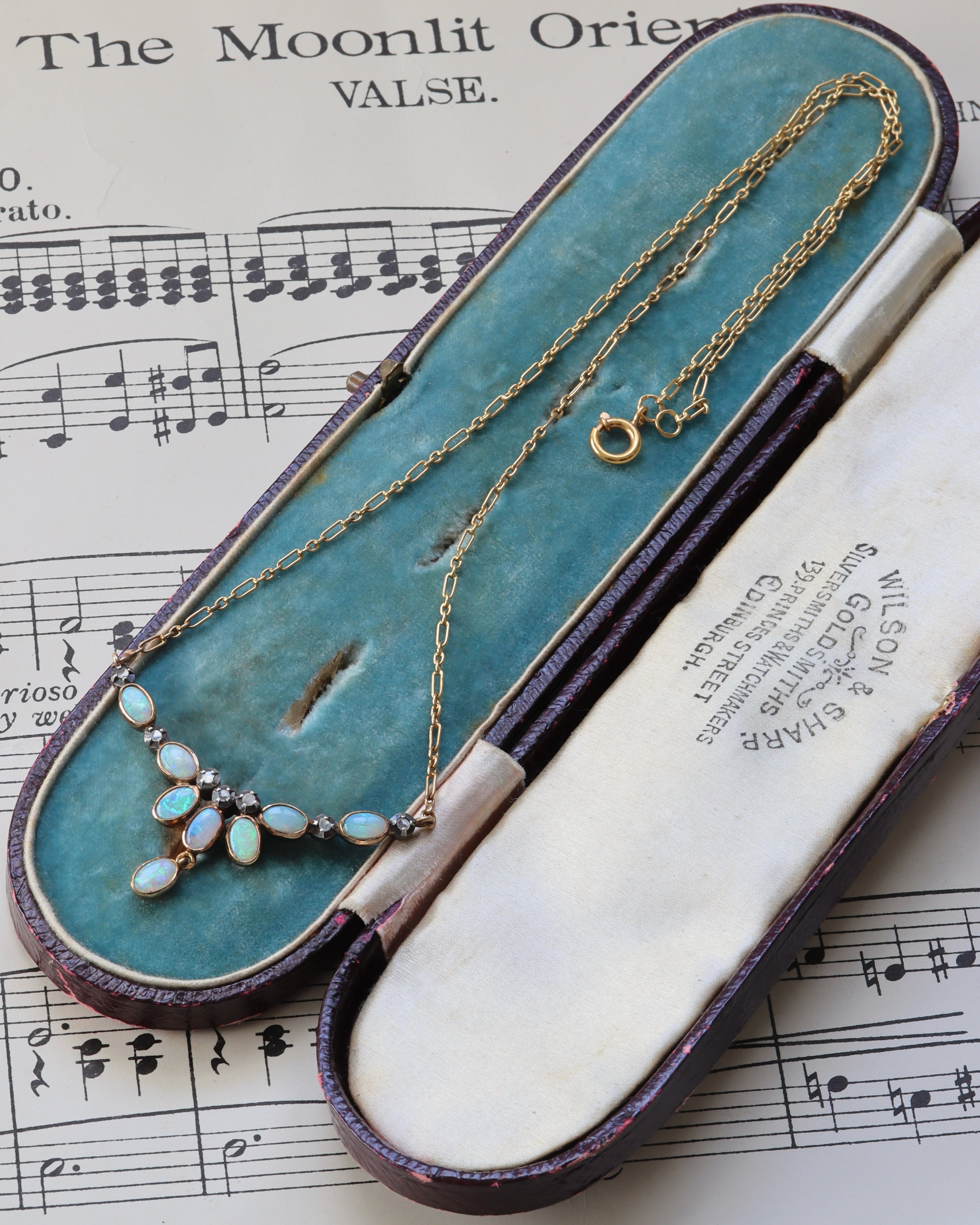 Antique Edwardian Portuguese 19.2ct Gold Opal & Diamond Fringe Necklace
