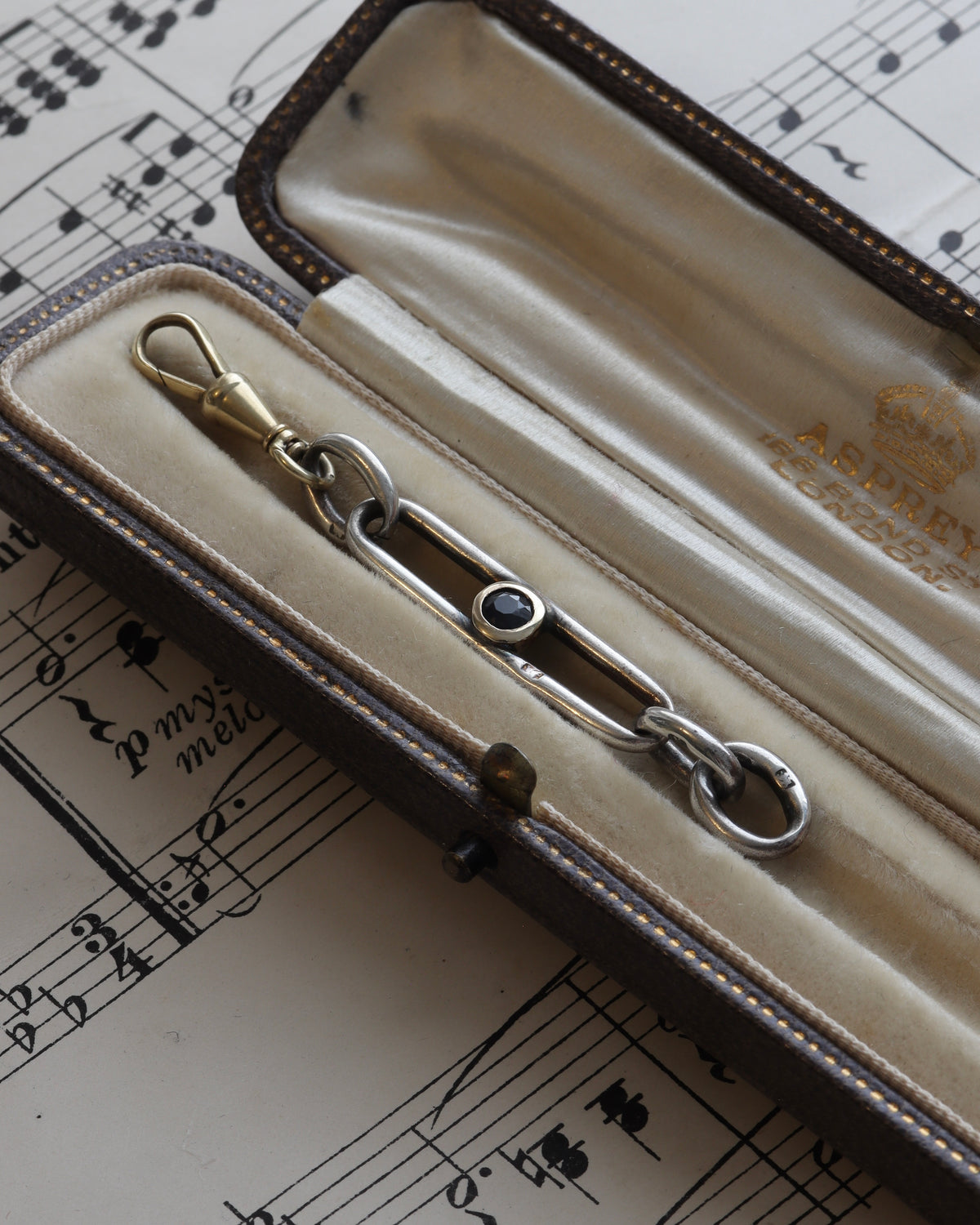 Antique Silver Trombone Link Extender with Faceted Sapphire & 14ct Gold Swivel Dog Clip