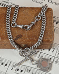 Victorian Silver Watch Chain with Double Dog Clip, T-Bar & Pendant Drop Links and Fob