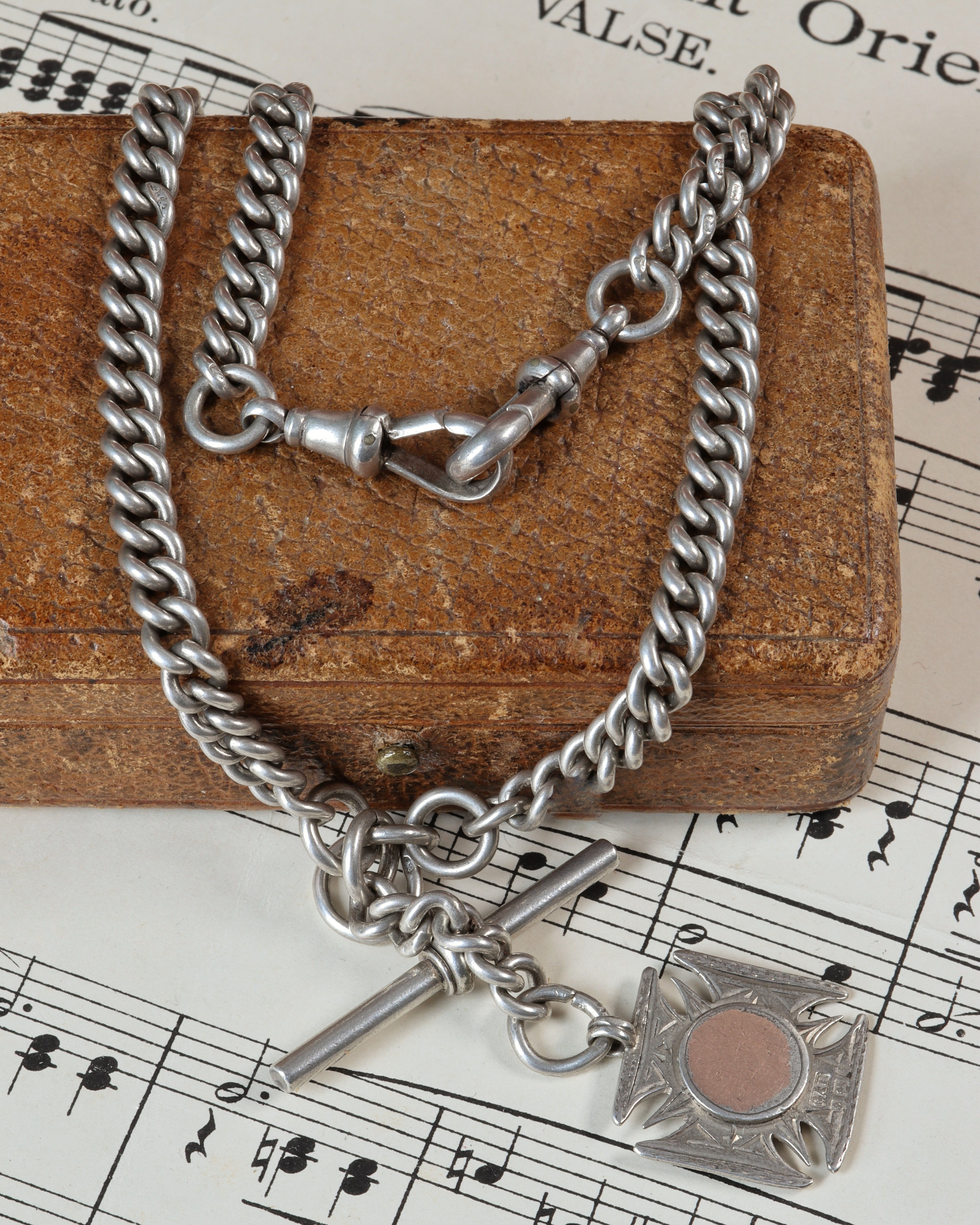 Victorian Silver Watch Chain with Double Dog Clip, T-Bar & Pendant Drop Links and Fob