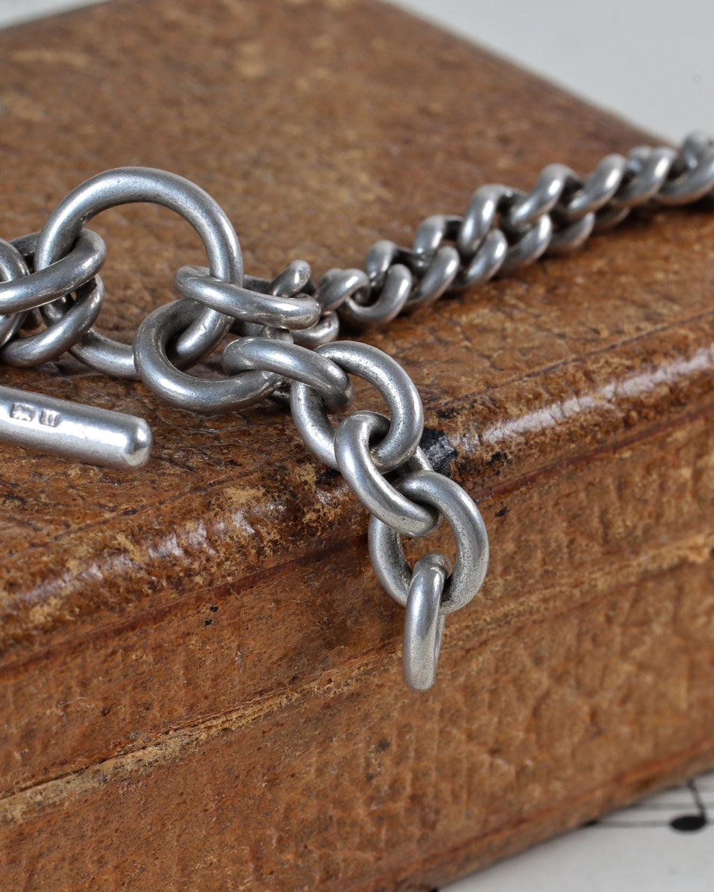 Victorian Sterling Silver Graduated Curb Link Watch Chain with Swivel T-Bar & Dog Clips