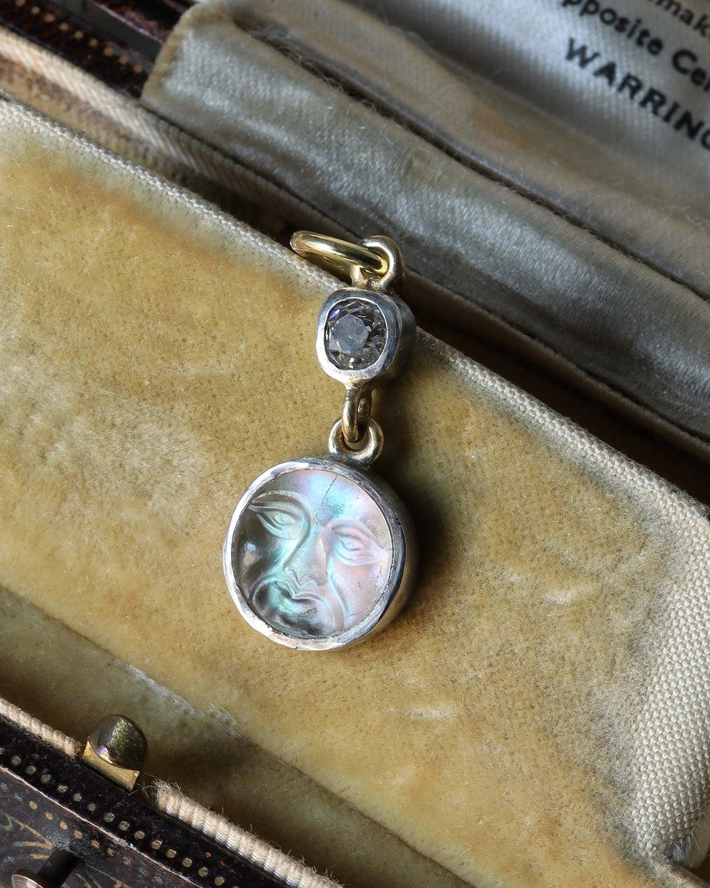 Victorian Conversion Iridescent Man in the Moon Charm with Old Mine Cut Diamond