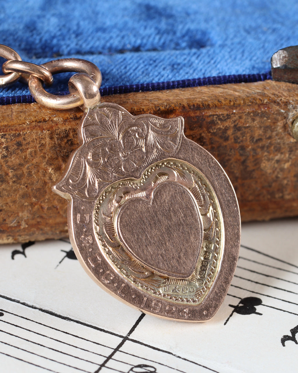 1920s 9ct Peach Gold Watch Chain with T-Bar, Dog Clips & Heart Fob
