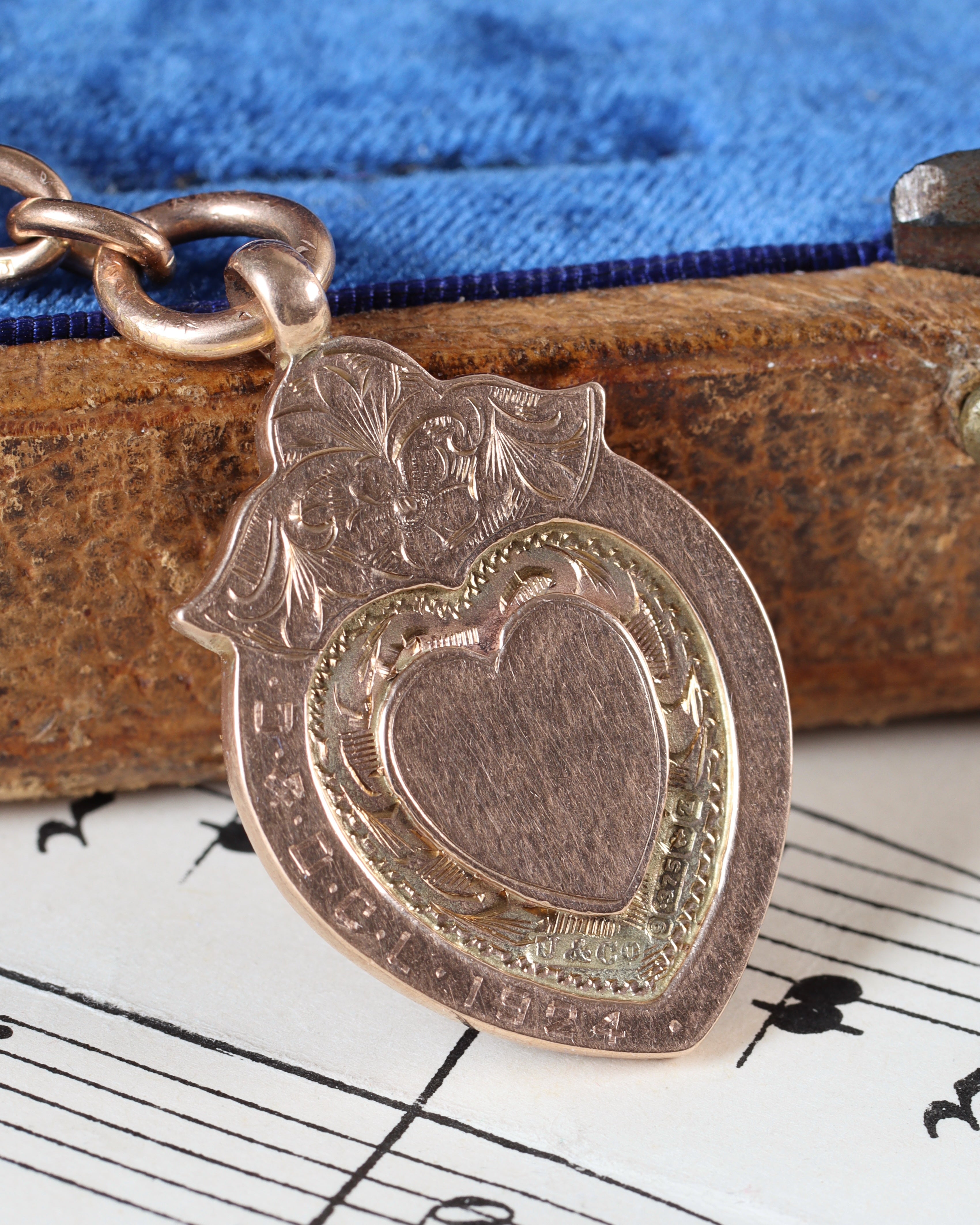 1920s 9ct Peach Gold Watch Chain with T-Bar, Dog Clips & Heart Fob
