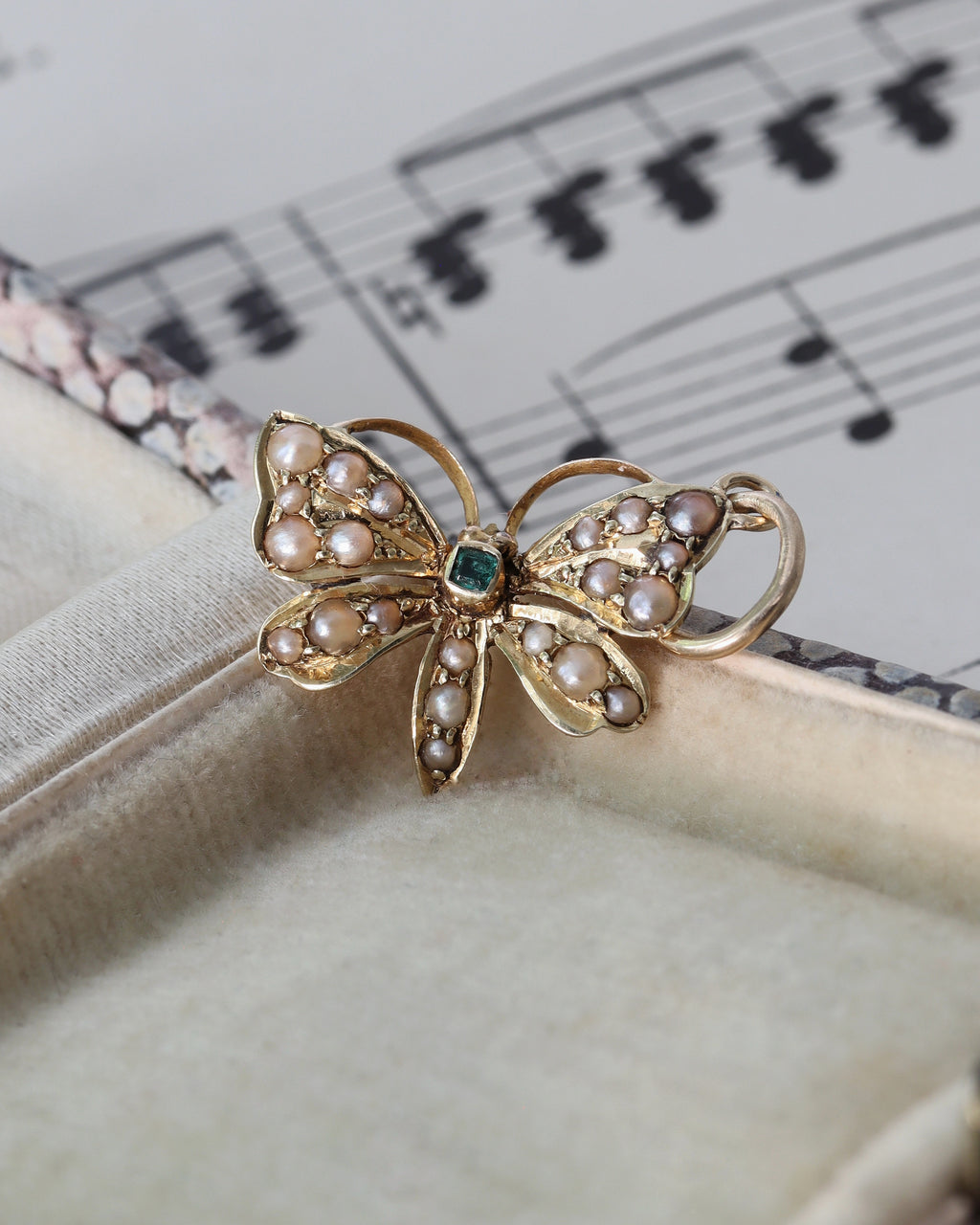 Victorian 9ct Gold Seed Pearl and Tourmaline Butterfly Charm