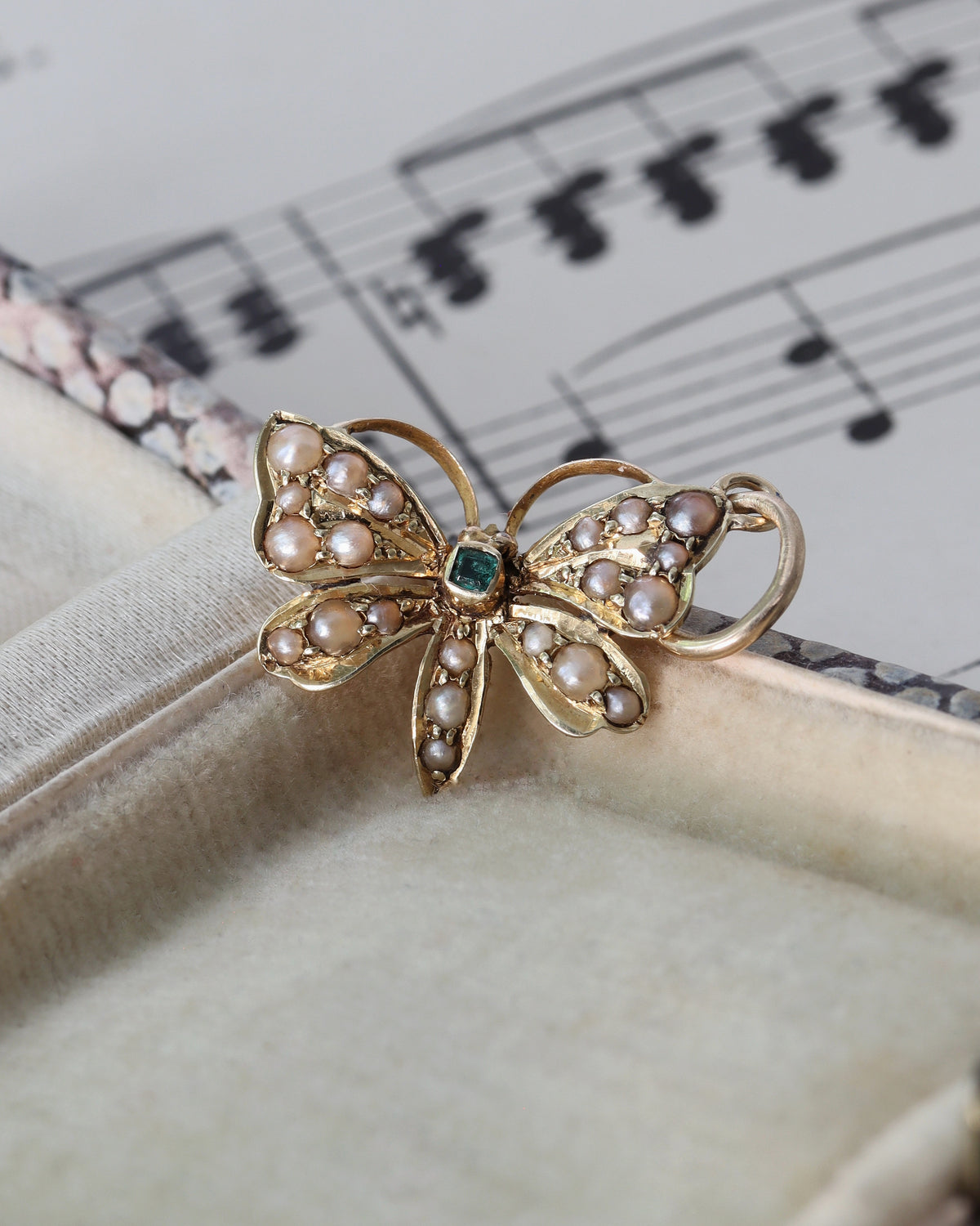 Victorian 9ct Gold Seed Pearl and Tourmaline Butterfly Charm