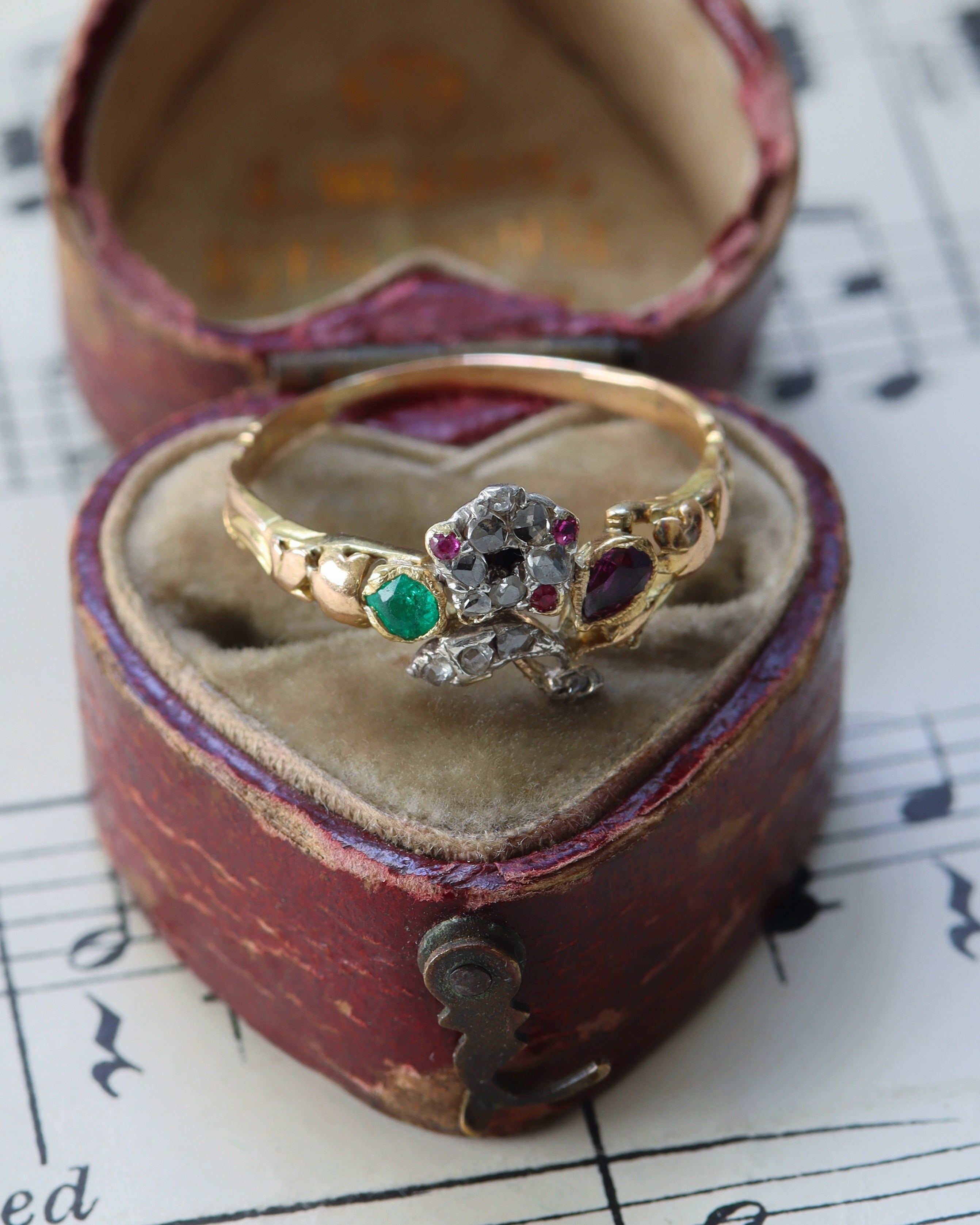 Rare Georgian Giardinetti Ring with Rose Cut Diamonds, Emerald & Rubies