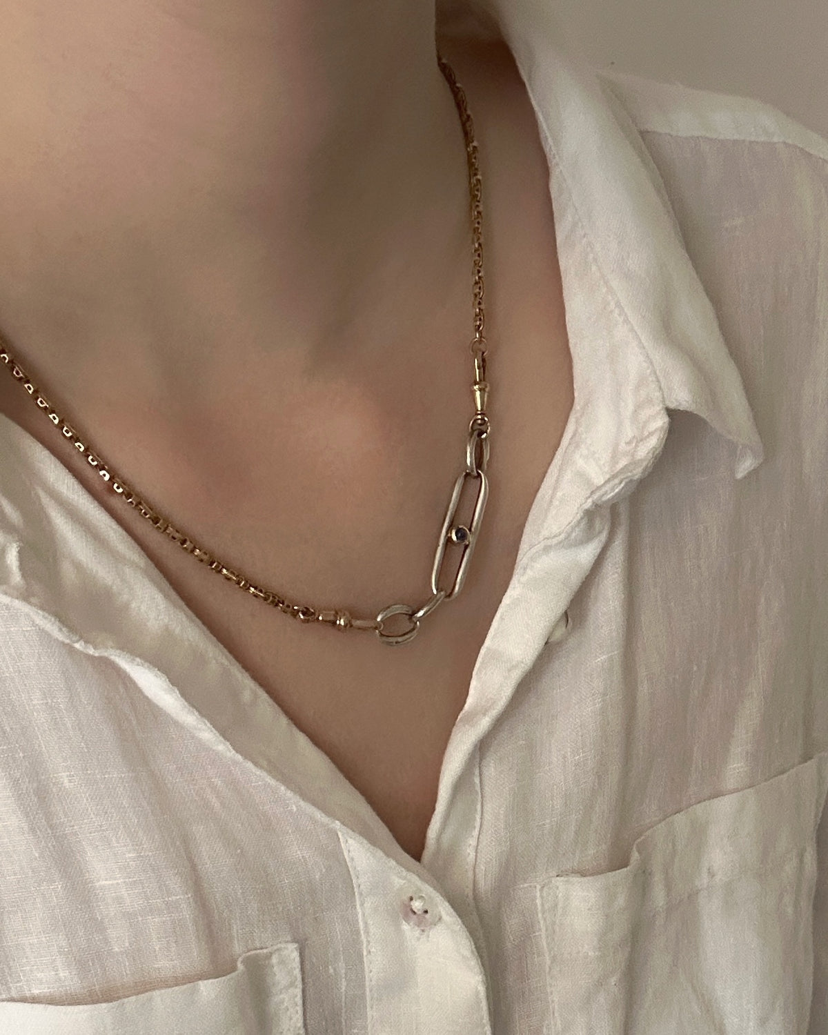 Silver Chain Extender with Sapphire Cabochon & Gold Dog Clip