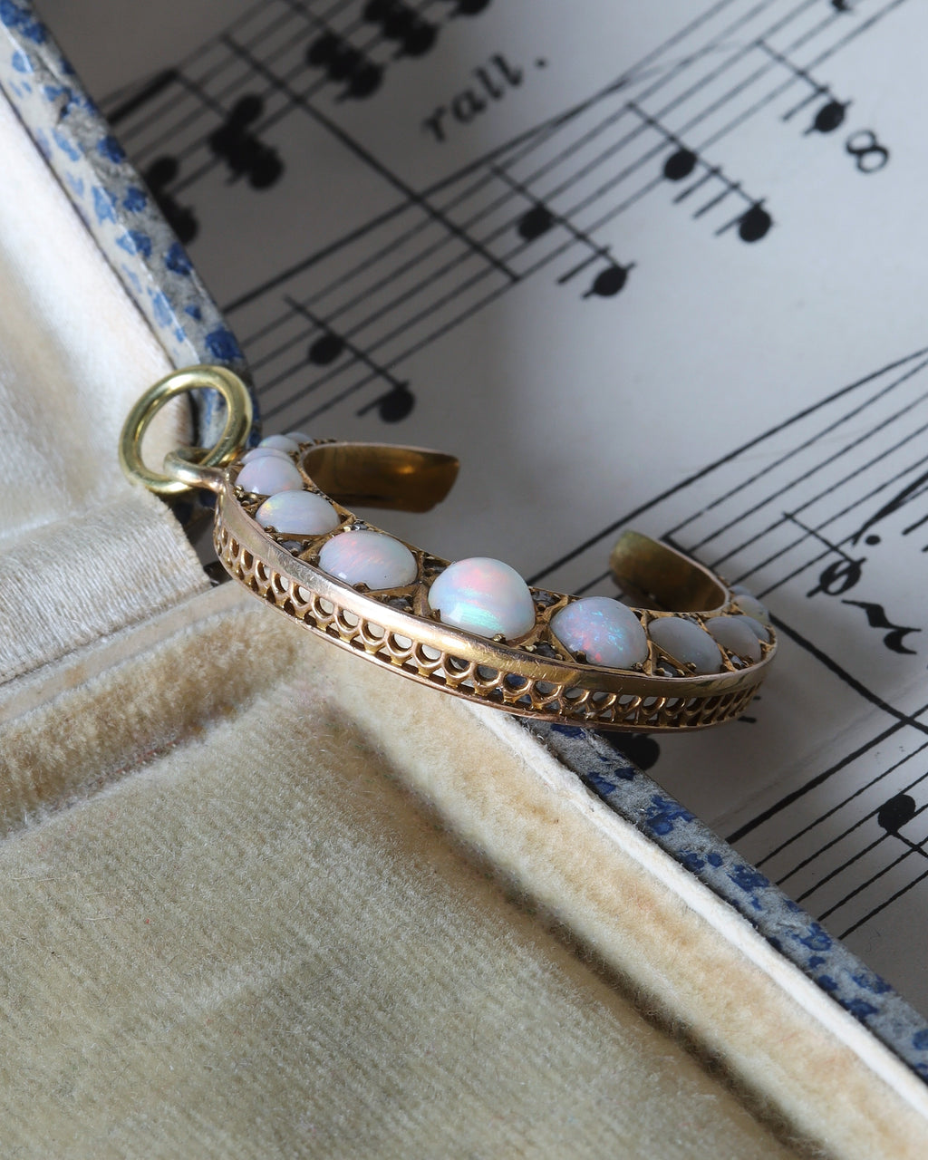Edwardian 9ct Yellow Gold Opal and Diamond Crescent Moon Pendant