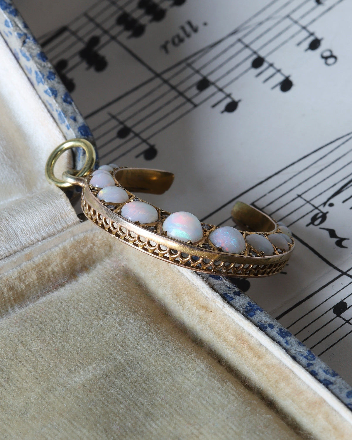 Edwardian 9ct Yellow Gold Opal and Diamond Crescent Moon Pendant