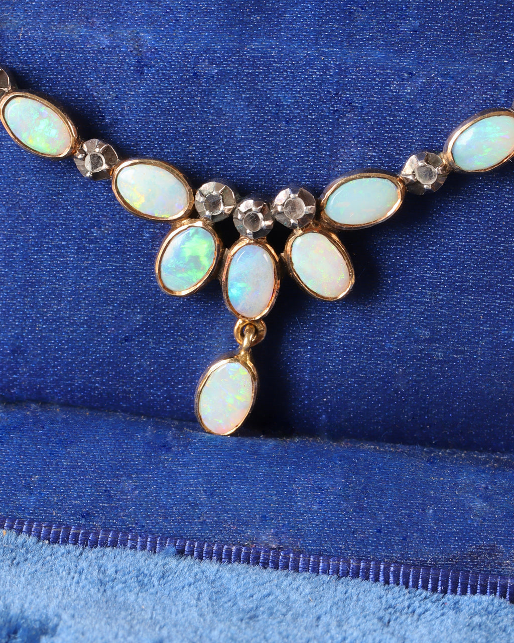 Antique Edwardian Portuguese 19.2ct Gold Opal & Diamond Fringe Necklace