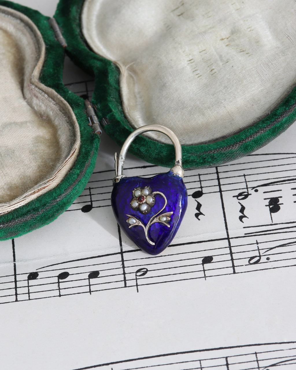 Victorian Blue Enamel Heart Padlock with Glass Compartment