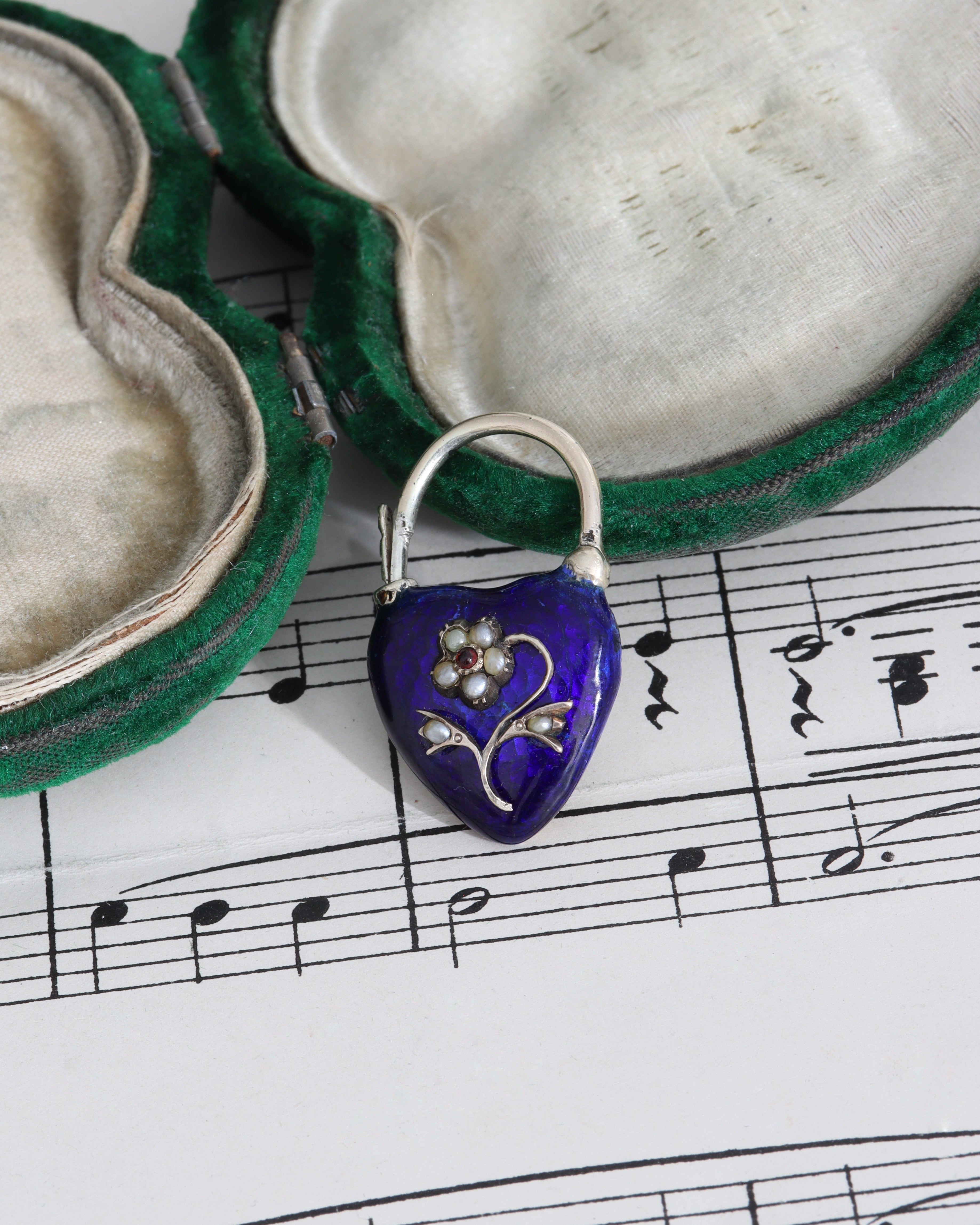 Victorian Blue Enamel Heart Padlock with Glass Compartment