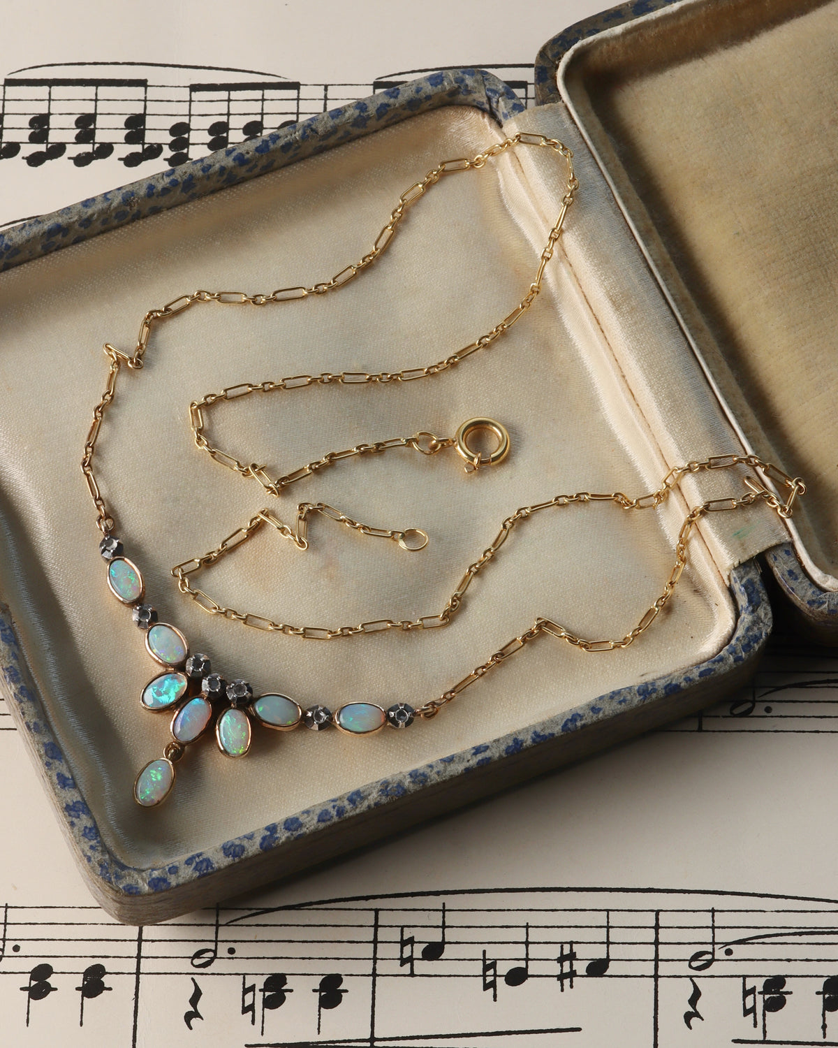 Antique Edwardian Portuguese 19.2ct Gold Opal & Diamond Fringe Necklace