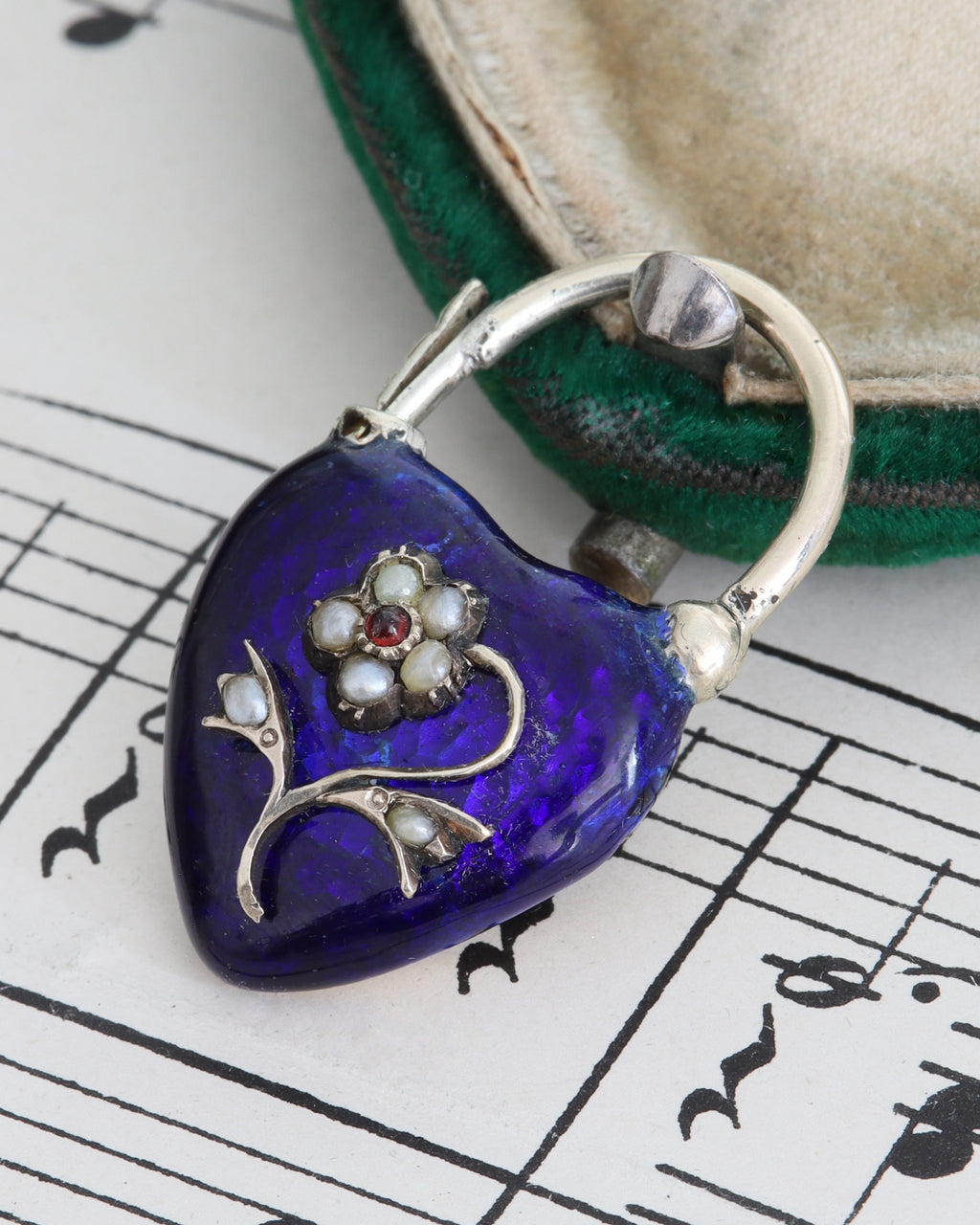 Victorian Blue Enamel Heart Padlock with Glass Compartment