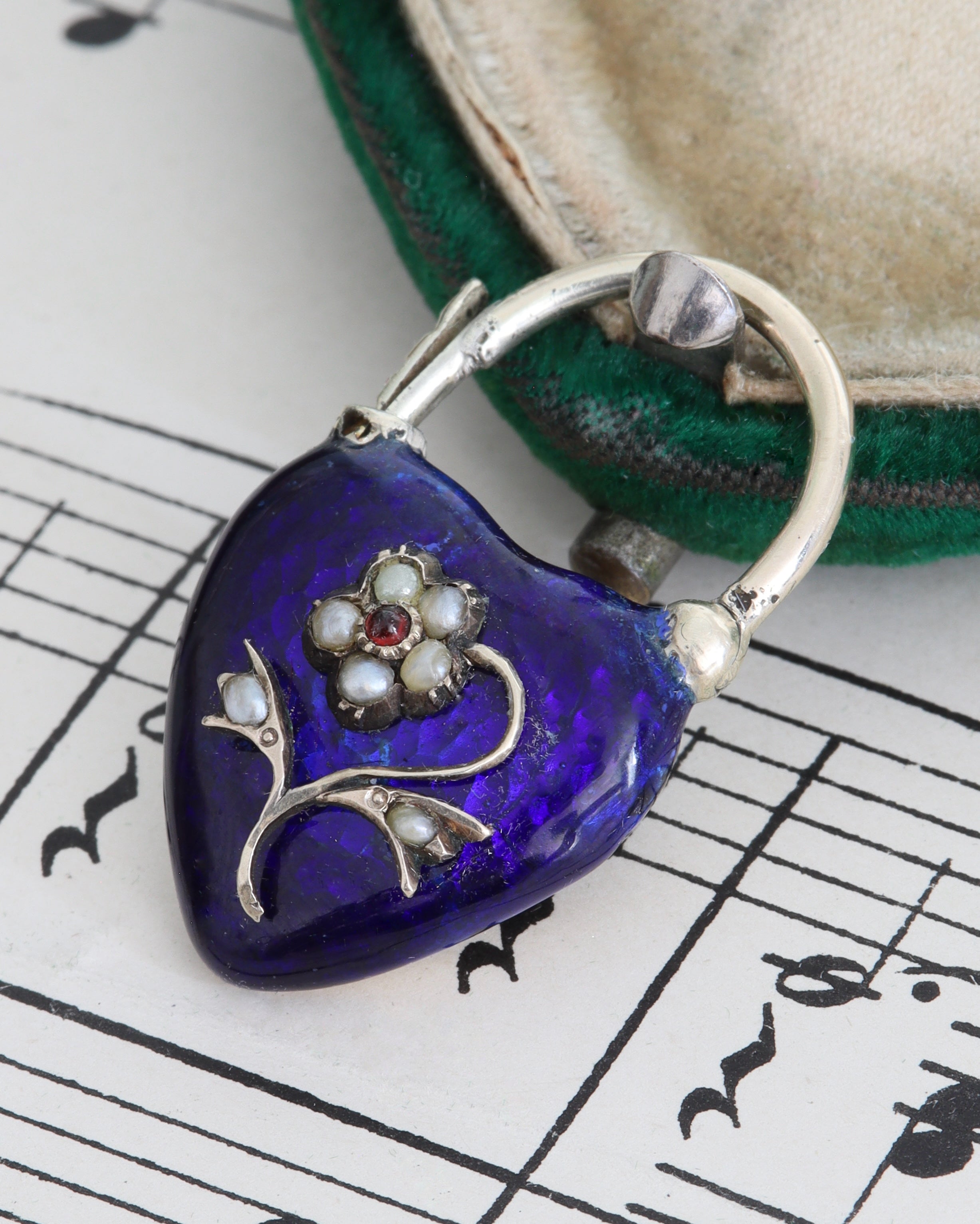 Victorian Blue Enamel Heart Padlock with Glass Compartment