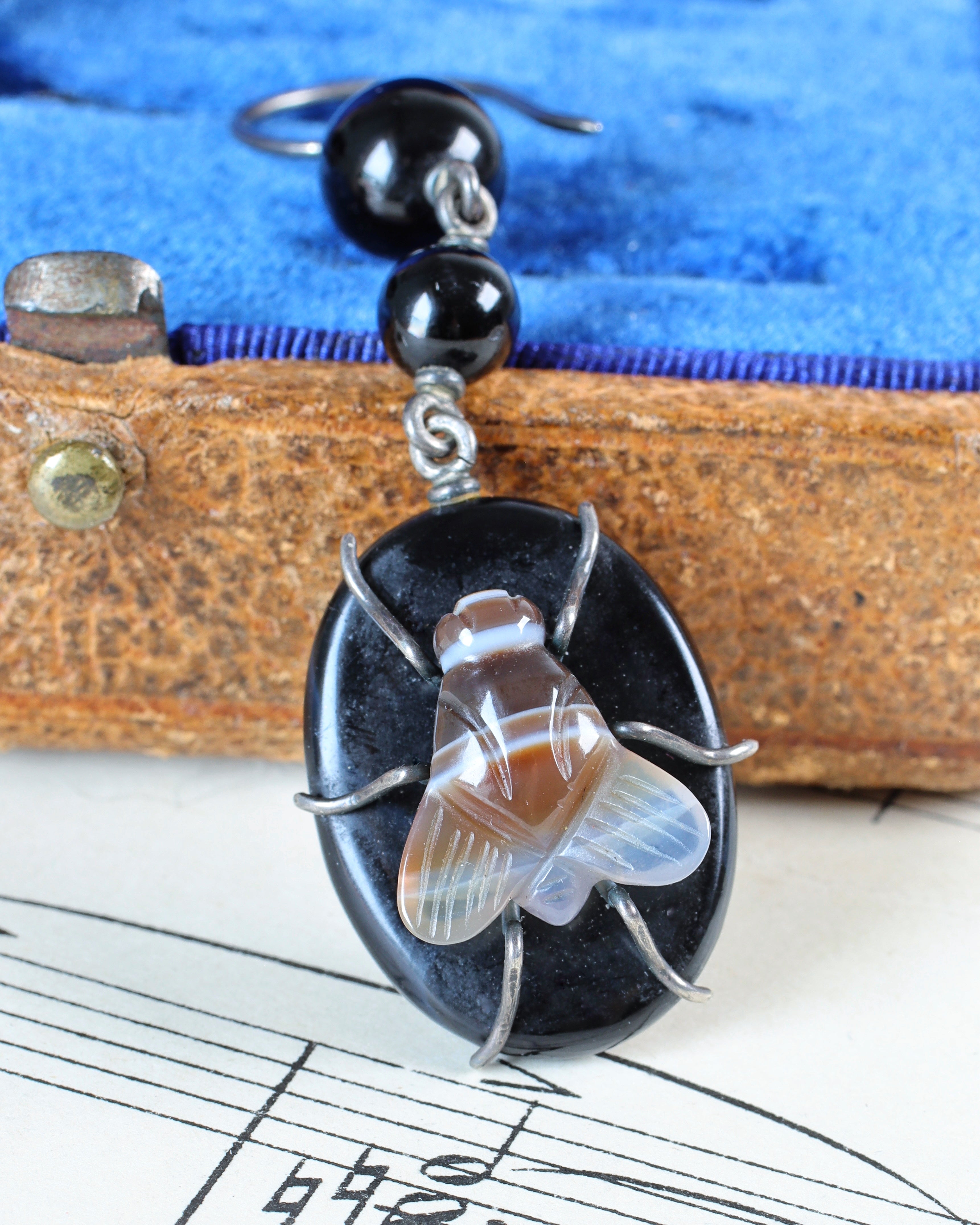 Victorian Silver Banded Agate Fly Earrings