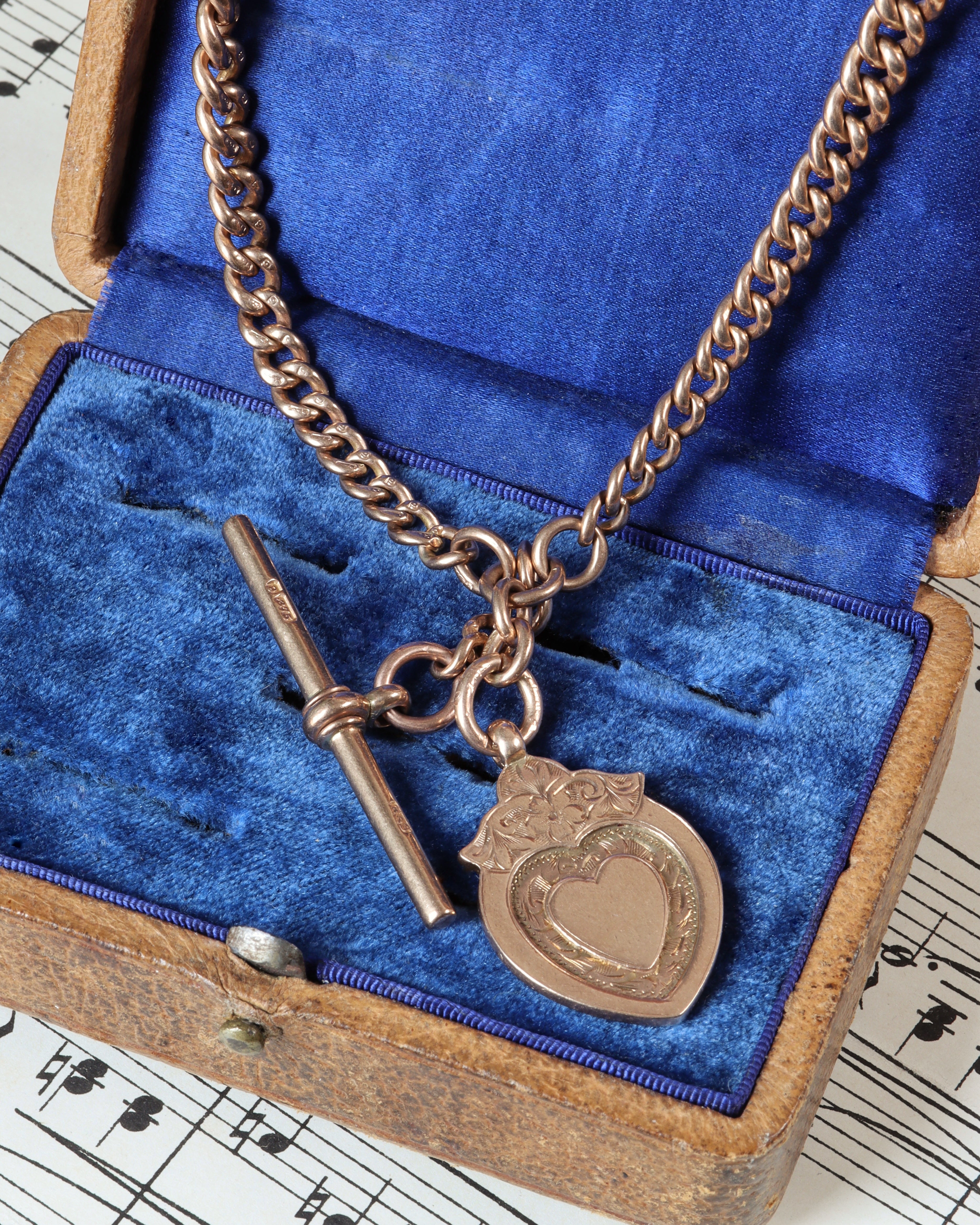 1920s 9ct Peach Gold Watch Chain with T-Bar, Dog Clips & Heart Fob