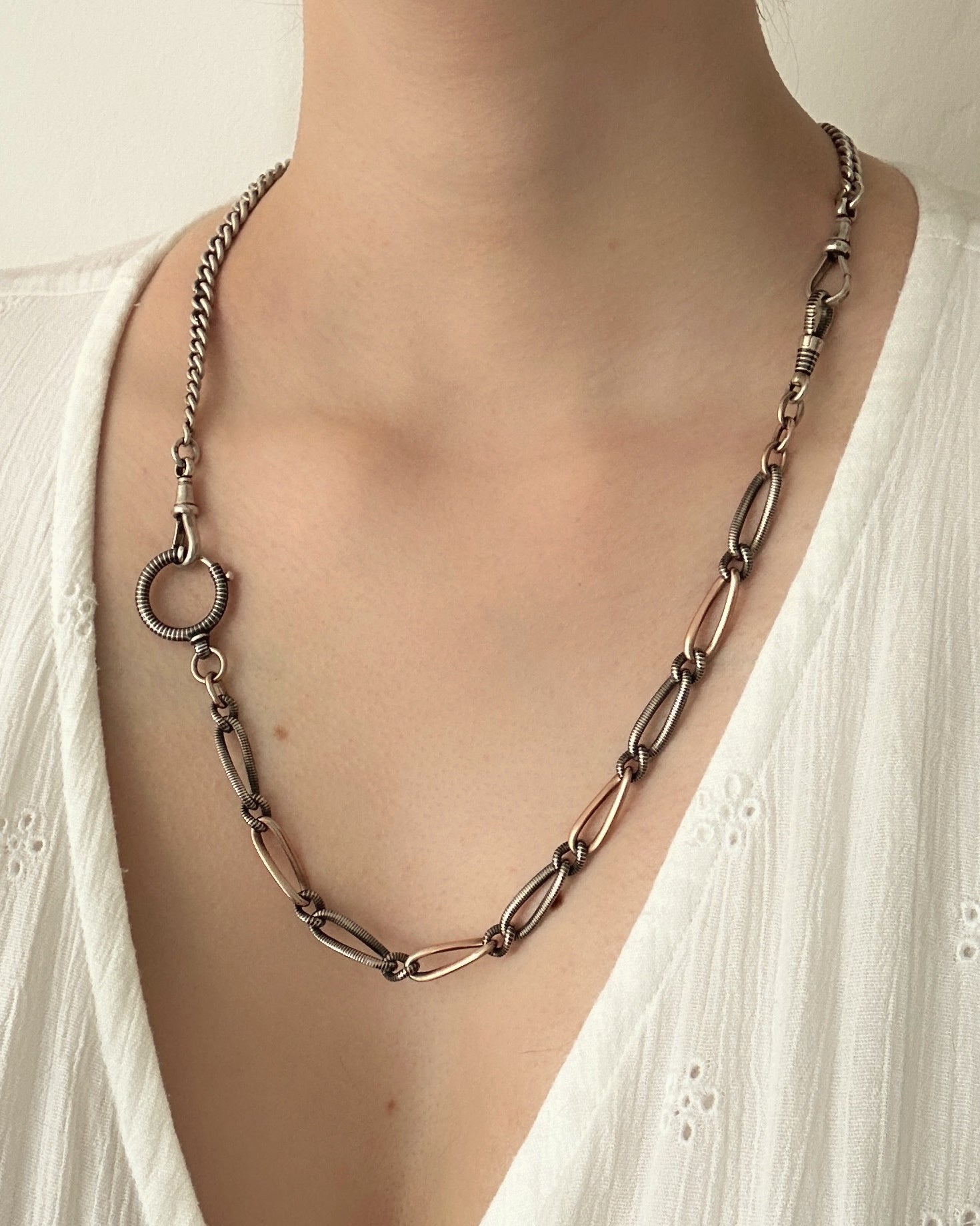 Antique Niello Silver Watch Chain with Rose Gold Wash, XL Bolt Clasp & Dog Clip