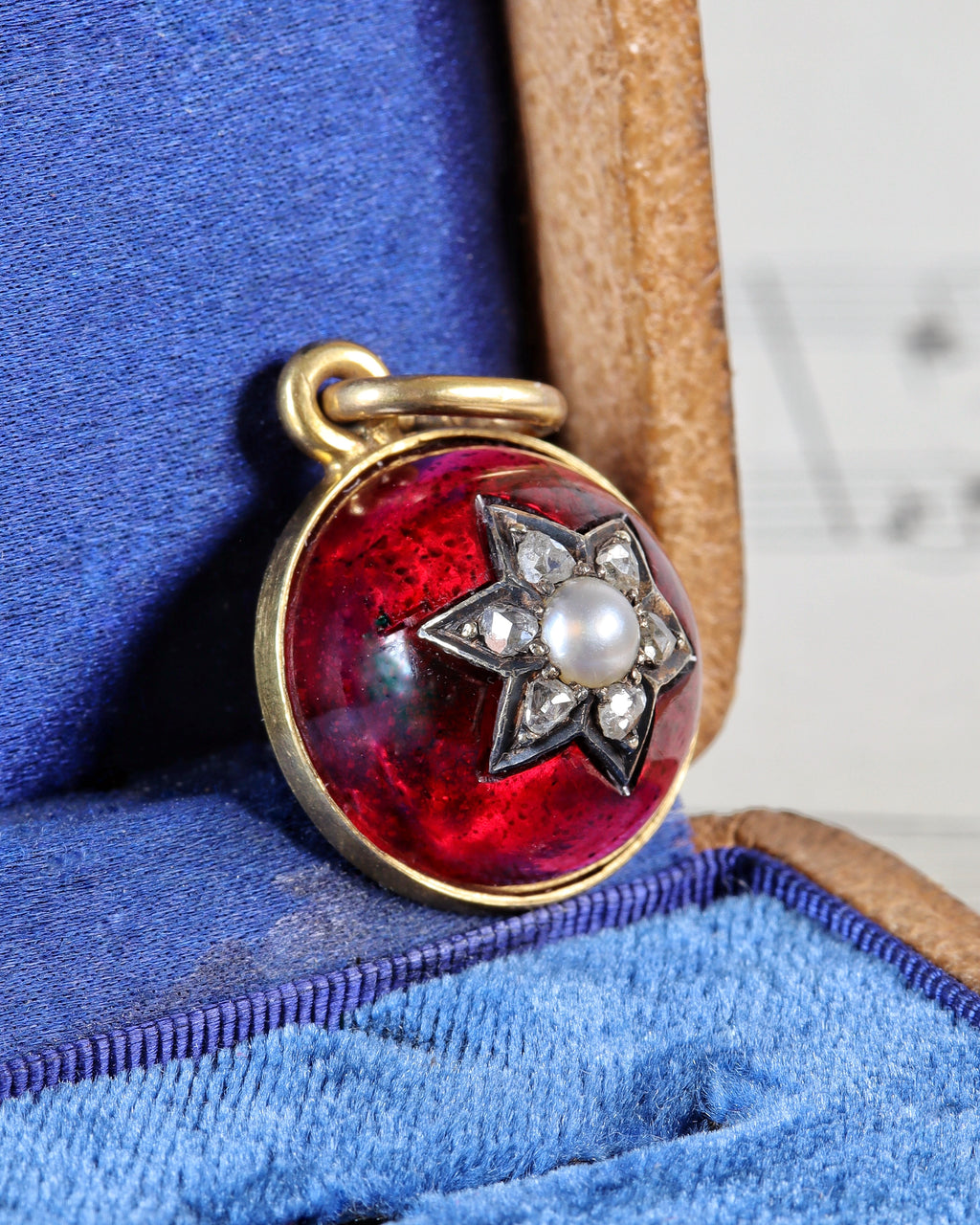 Victorian Gold Garnet Starburst Charm with Pearl & Rose Cut Diamond Centre