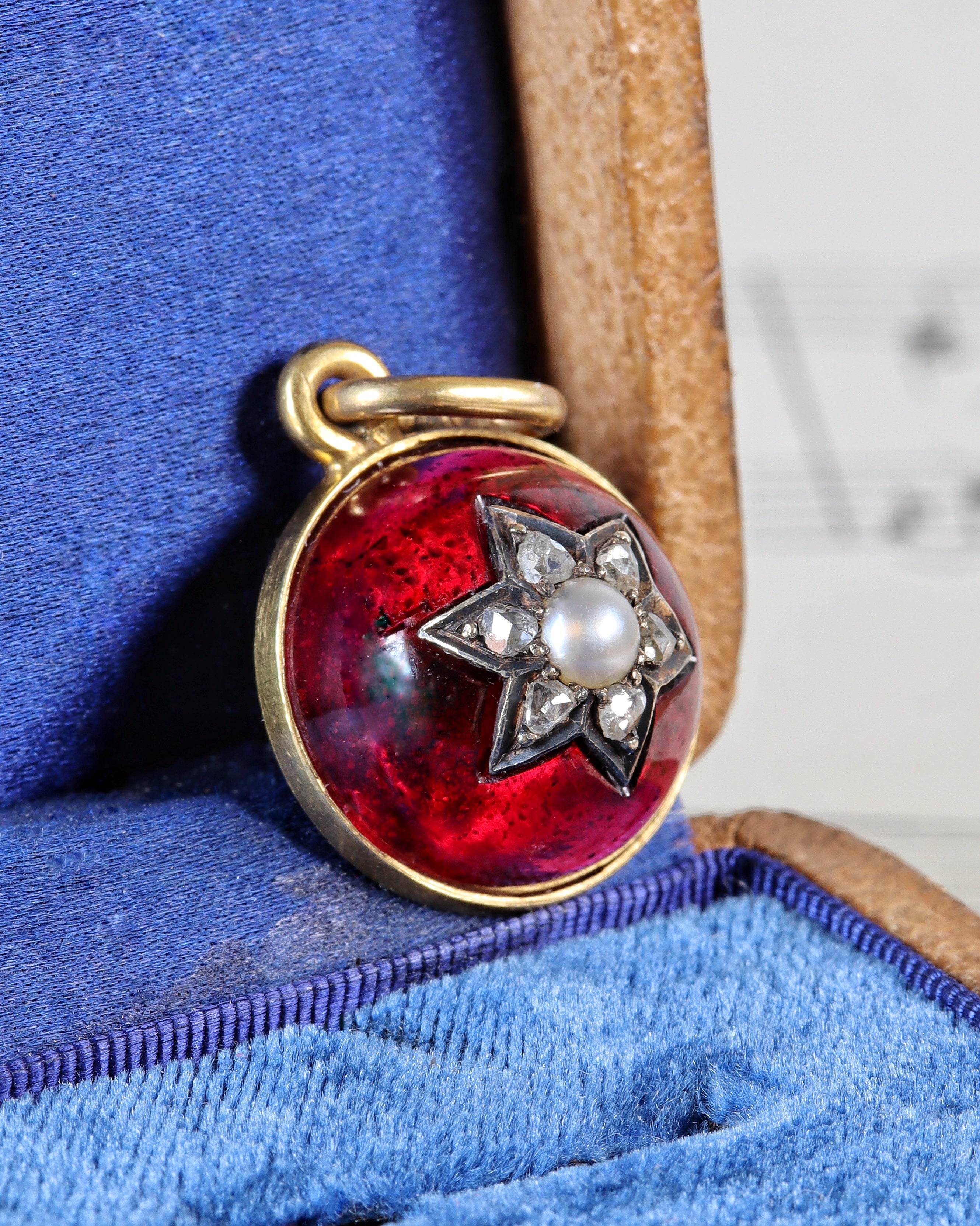 Victorian Gold Garnet Starburst Charm with Pearl & Rose Cut Diamond Centre