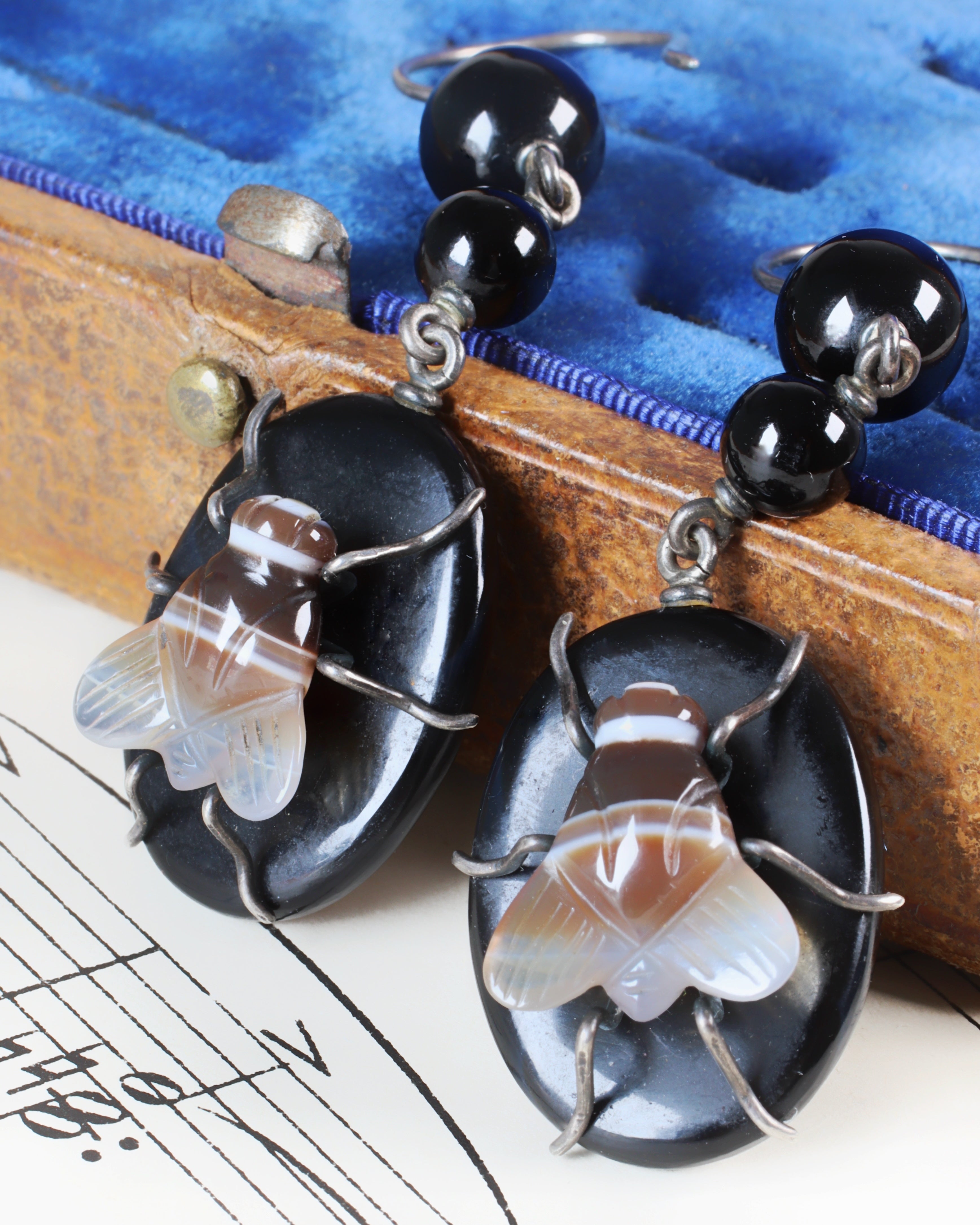 Victorian Silver Banded Agate Fly Earrings