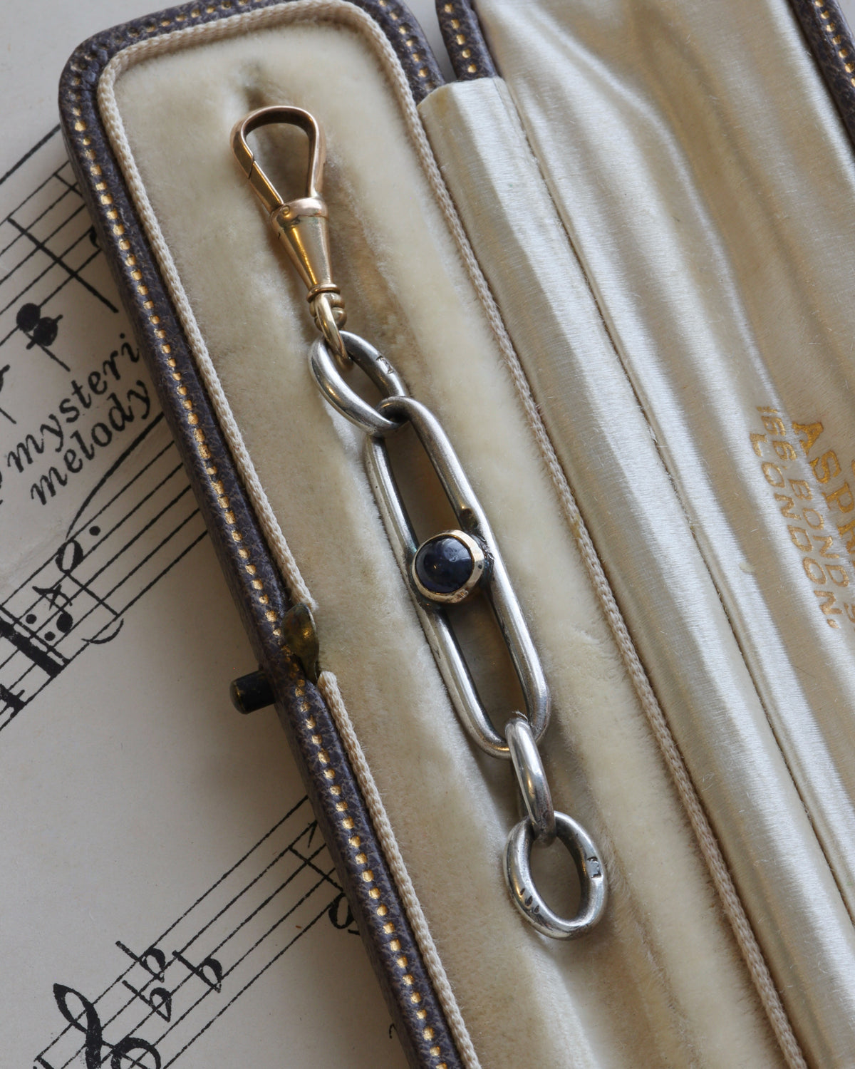 Antique Silver Trombone Link Extender with Sapphire Cabochon & 14ct Gold Swivel Dog Clip