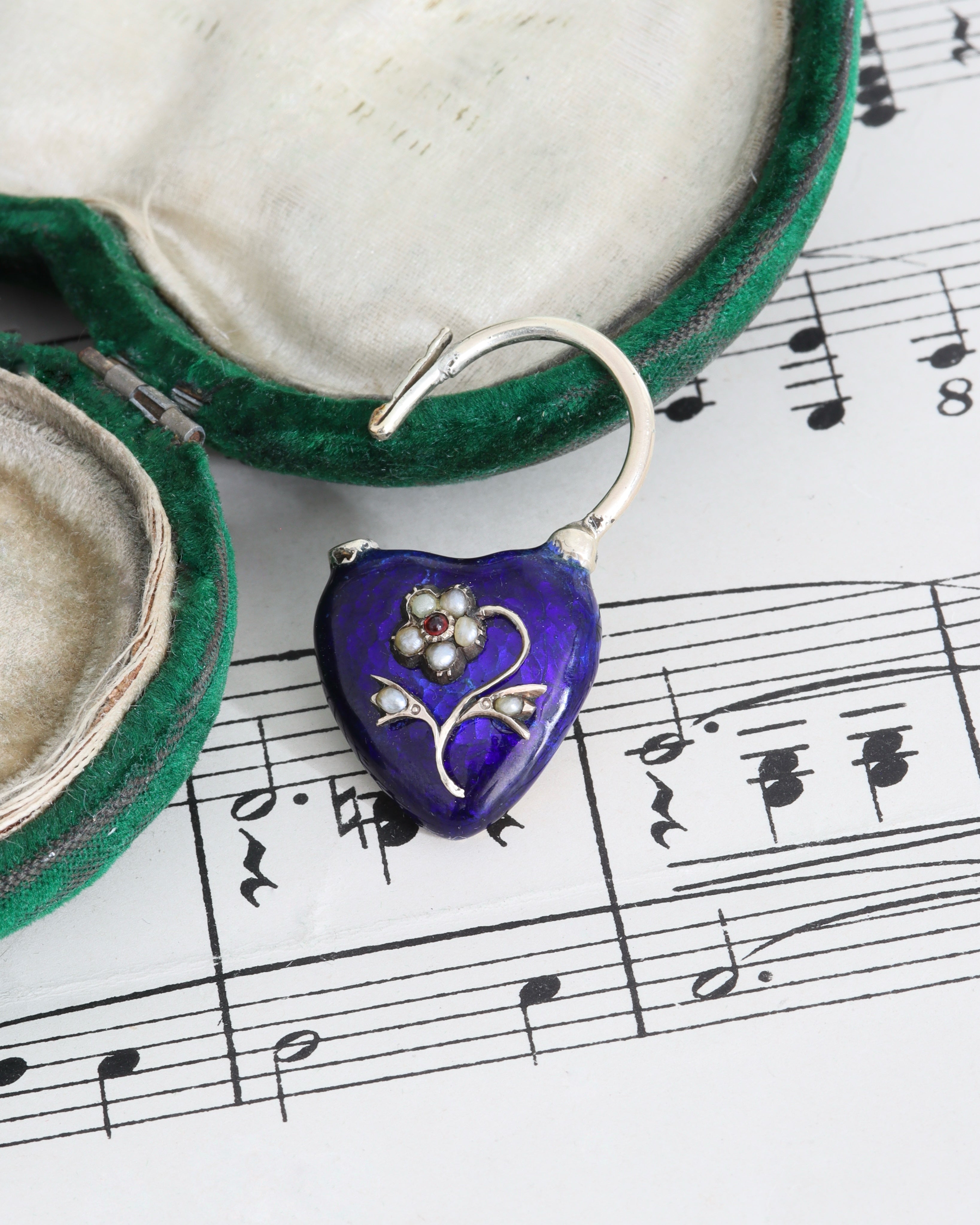 Victorian Blue Enamel Heart Padlock with Glass Compartment