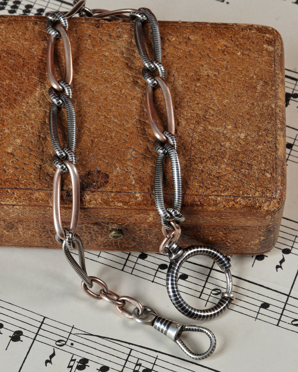 Antique Niello Silver Watch Chain with Rose Gold Wash, XL Bolt Clasp & Dog Clip