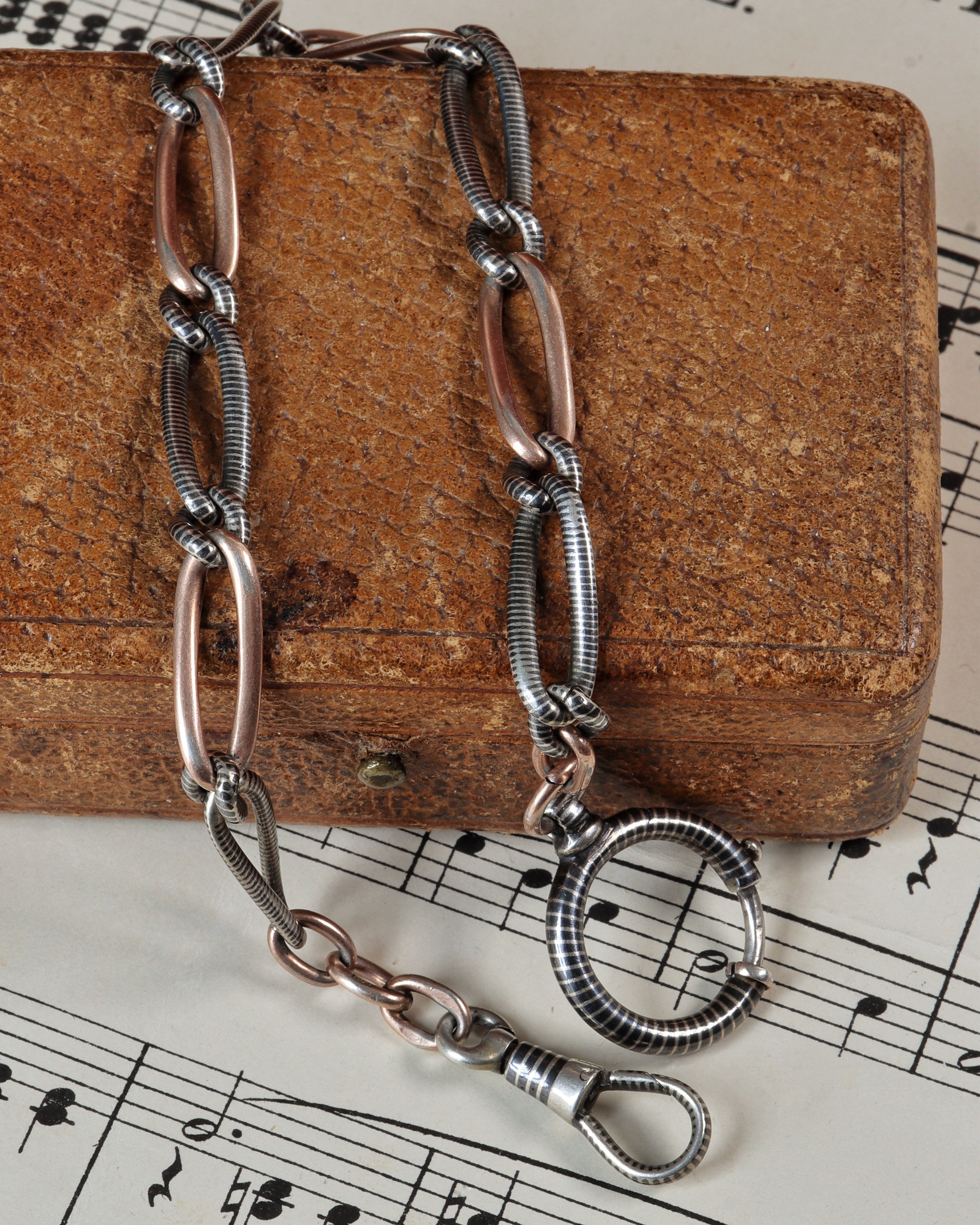 Antique Niello Silver Watch Chain with Rose Gold Wash, XL Bolt Clasp & Dog Clip