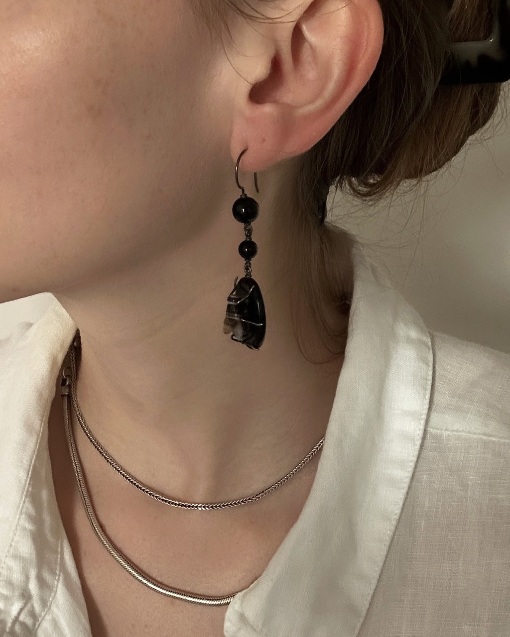 Victorian Silver Banded Agate Fly Earrings