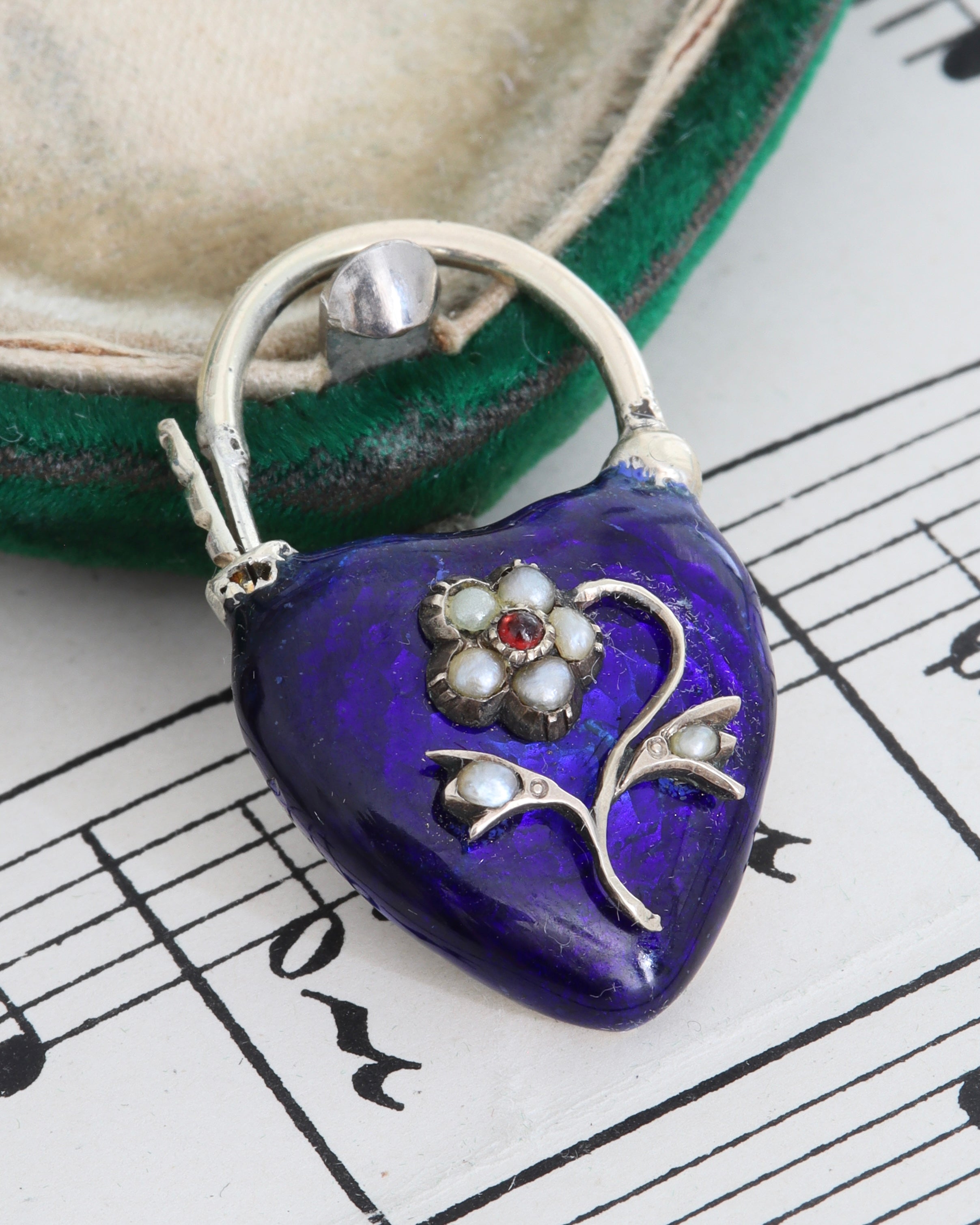 Victorian Blue Enamel Heart Padlock with Glass Compartment
