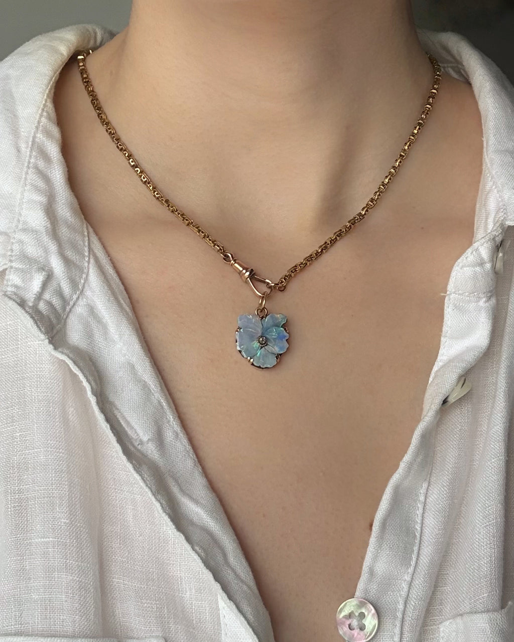 Late Victorian Carved Opal Pansy Charm with Diamond in 14ct Yellow Gold