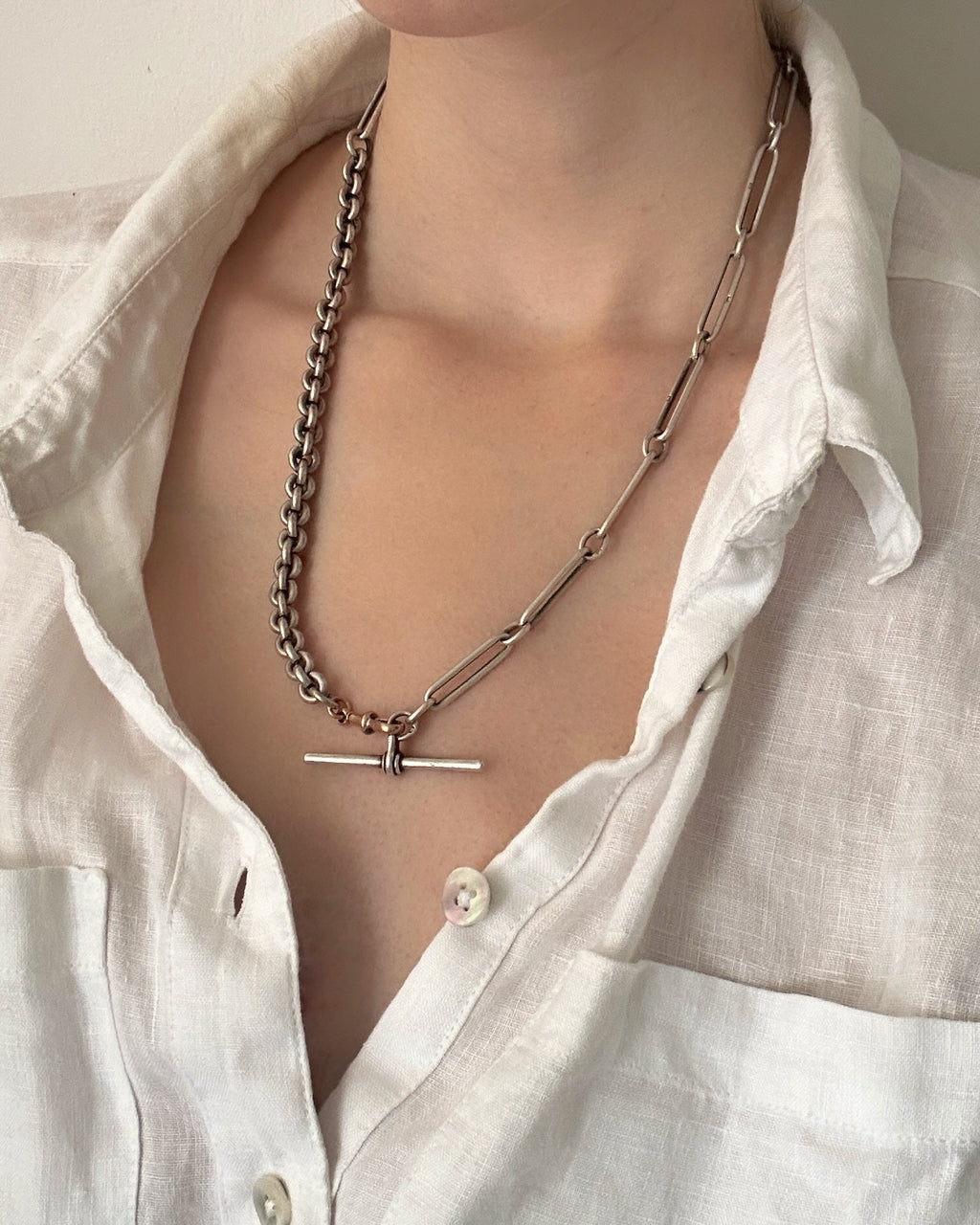 Victorian Silver Mixed Link Chain with 9ct Dog Clip and Silver T-Bar