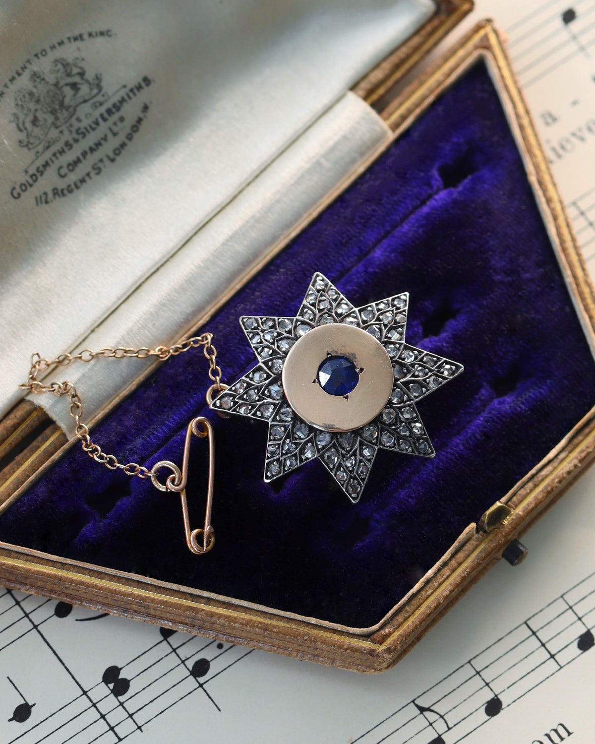 Antique Silver and 14ct Gold Rose Cut Diamond and Sapphire Star Pendant/Brooch