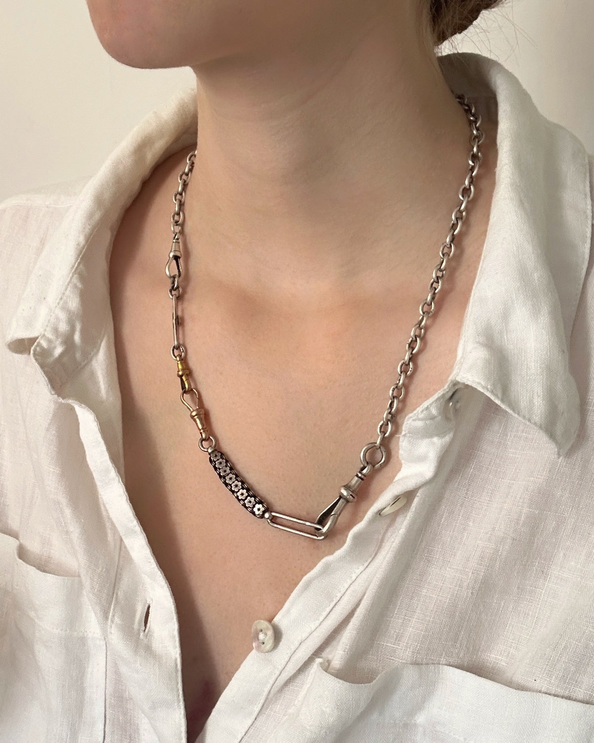 Victorian Silver Star Link Chain Extender with 9ct Rose Gold Dog Clip