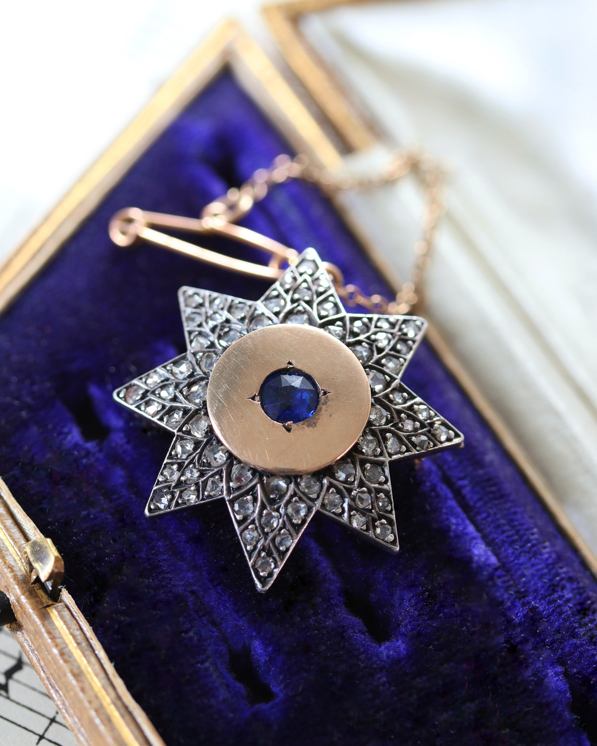 Antique Silver and 14ct Gold Rose Cut Diamond and Sapphire Star Pendant/Brooch