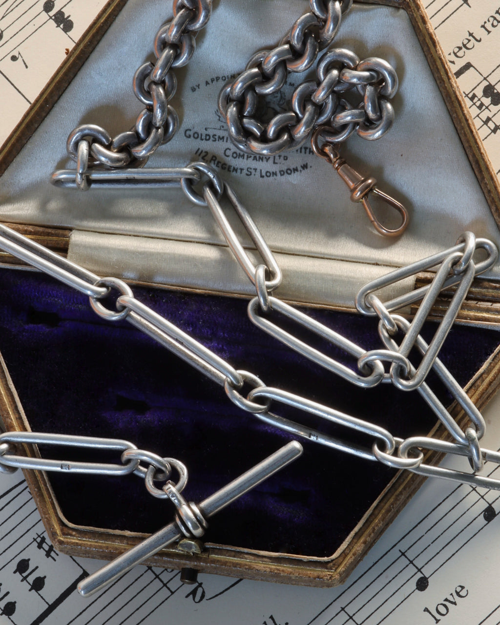 Victorian Silver Mixed Link Chain with 9ct Dog Clip and Silver T-Bar