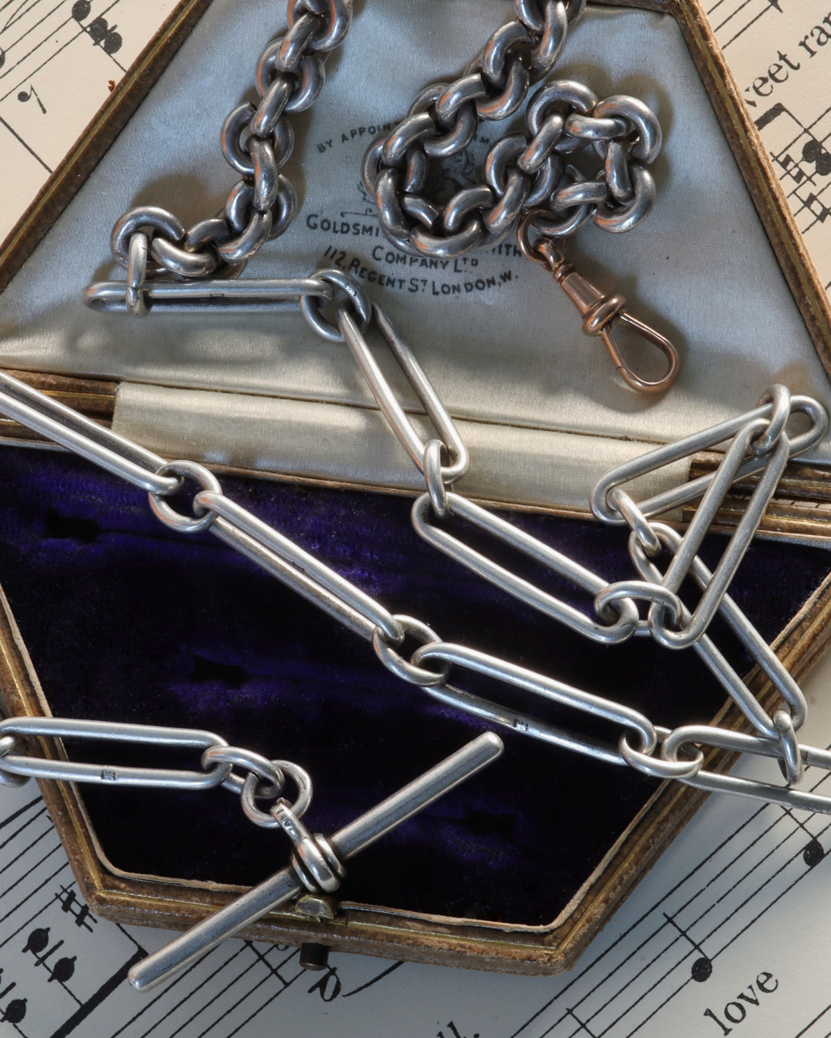 Victorian Silver Mixed Link Chain with 9ct Dog Clip and Silver T-Bar