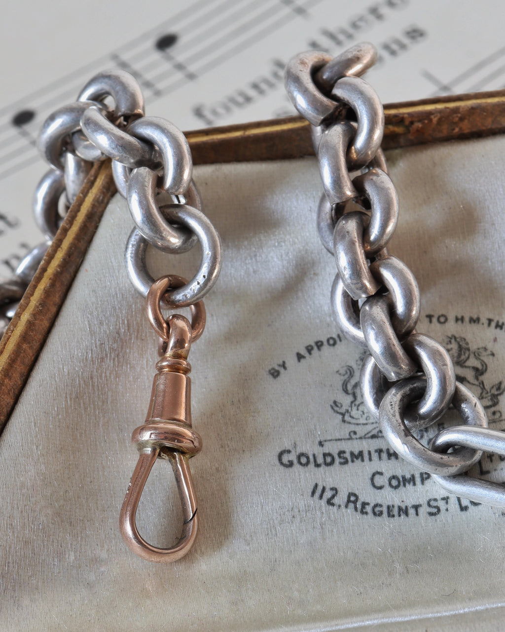 Victorian Silver Mixed Link Chain with 9ct Dog Clip and Silver T-Bar