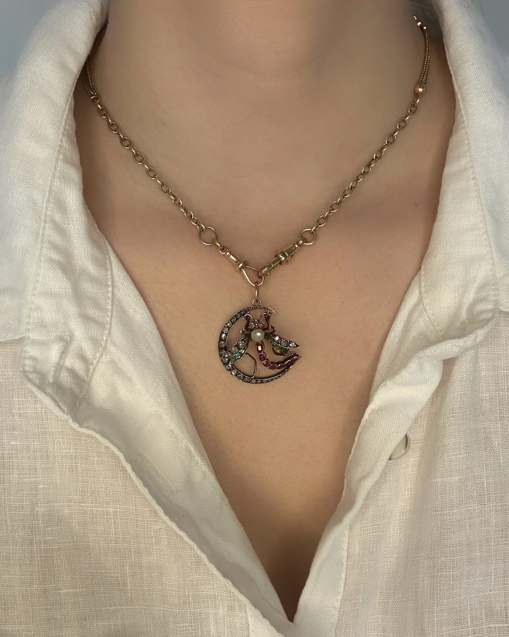 Antique Diamond, Ruby & Emerald Dragonfly Crescent Pendant
