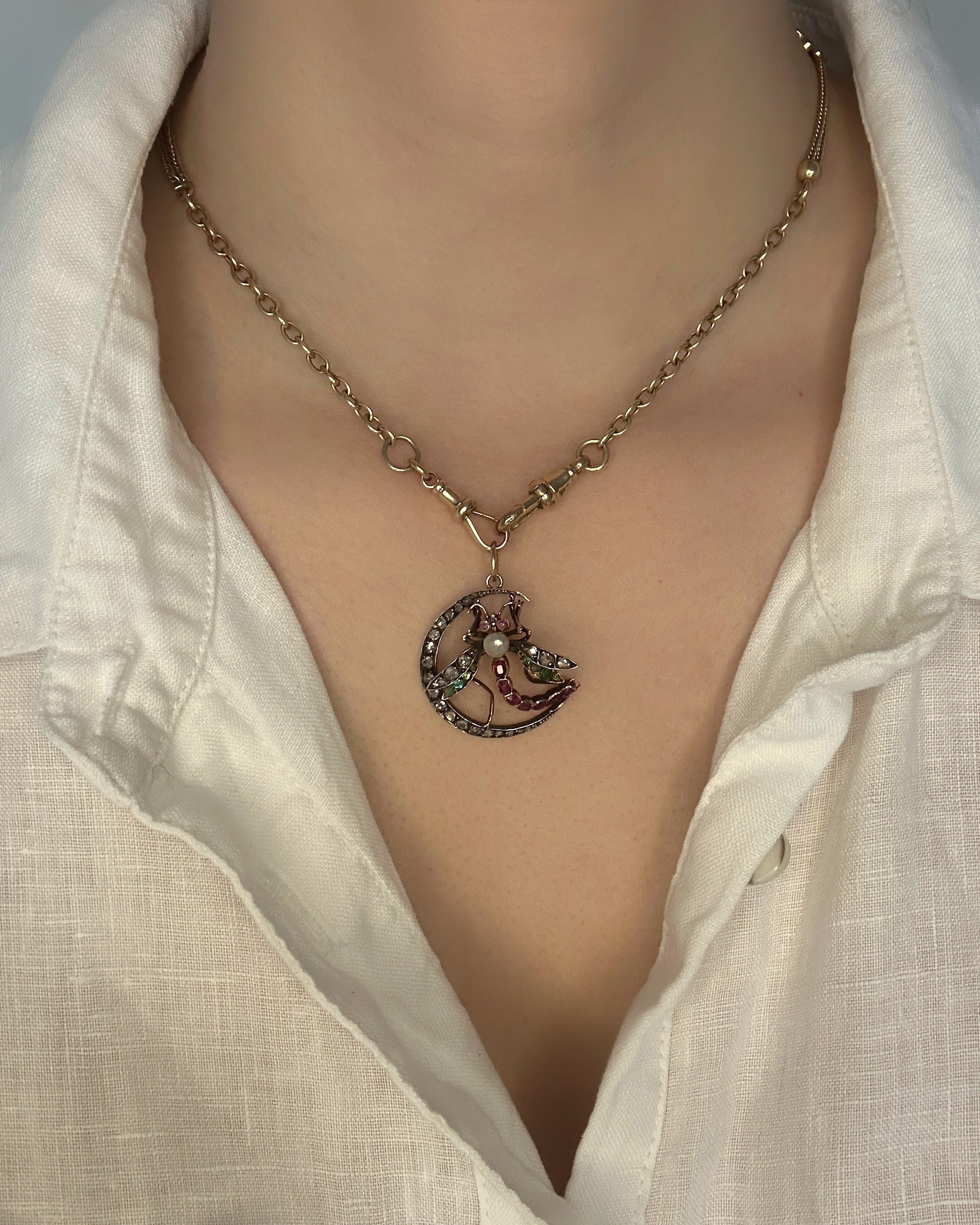 Antique Diamond, Ruby & Emerald Dragonfly Crescent Pendant
