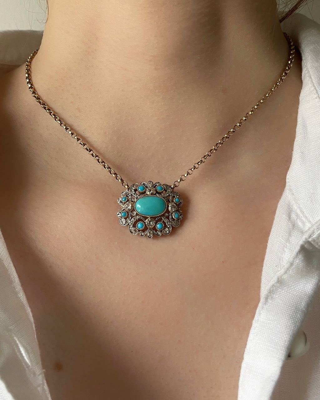 Victorian Turquoise and Diamond-Encrusted Pendant Necklace
