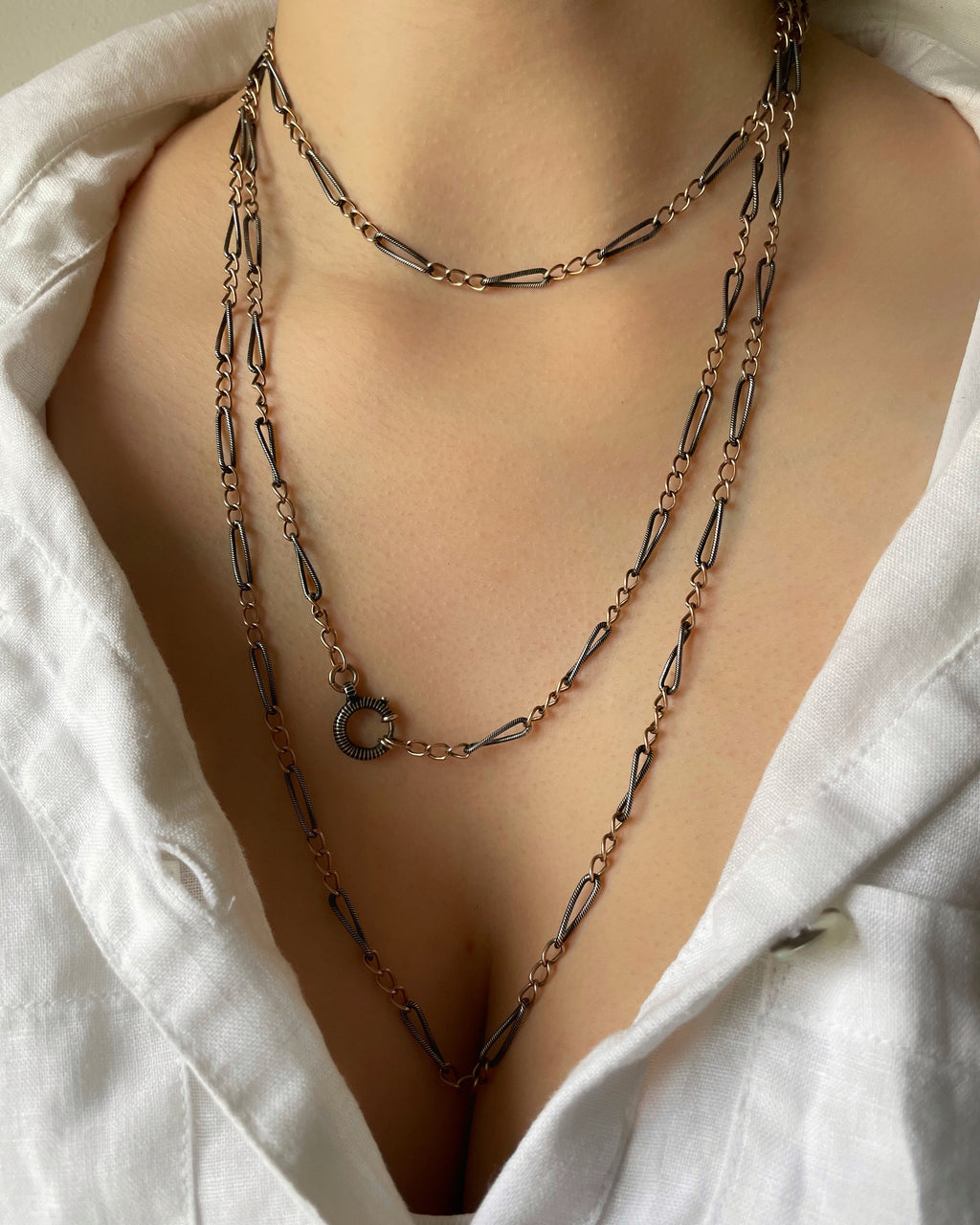 Antique Continental Silver & Niello Longuard Chain with Stripy Bolt Clasp