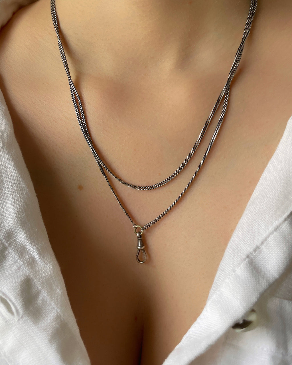 Victorian Silver Guard Chain with Dog Clip