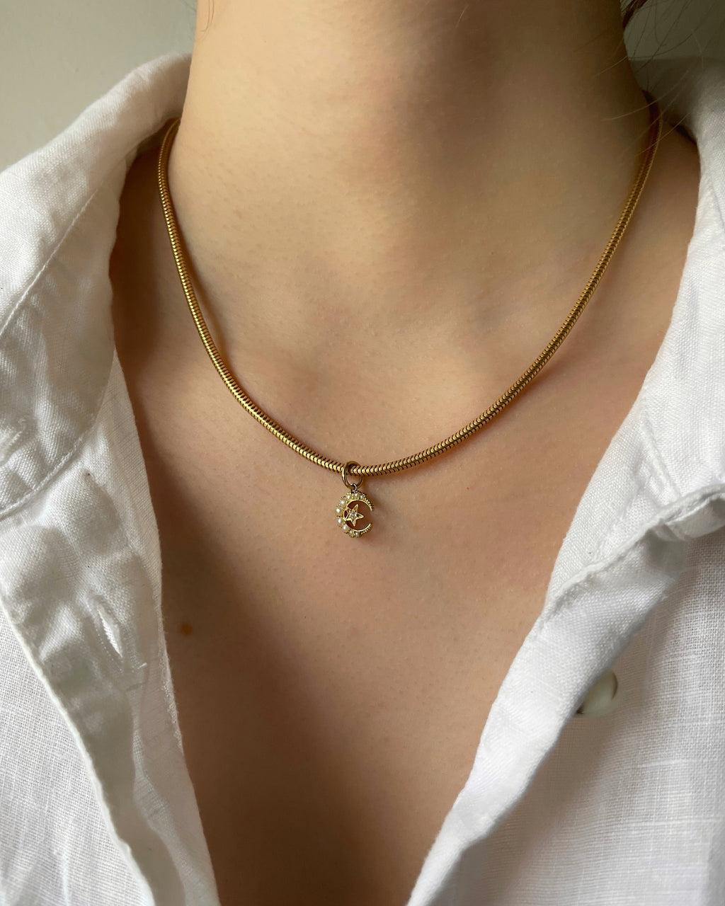 Tiny 15ct Gold Crescent Charm with Diamond & Seed Pearl