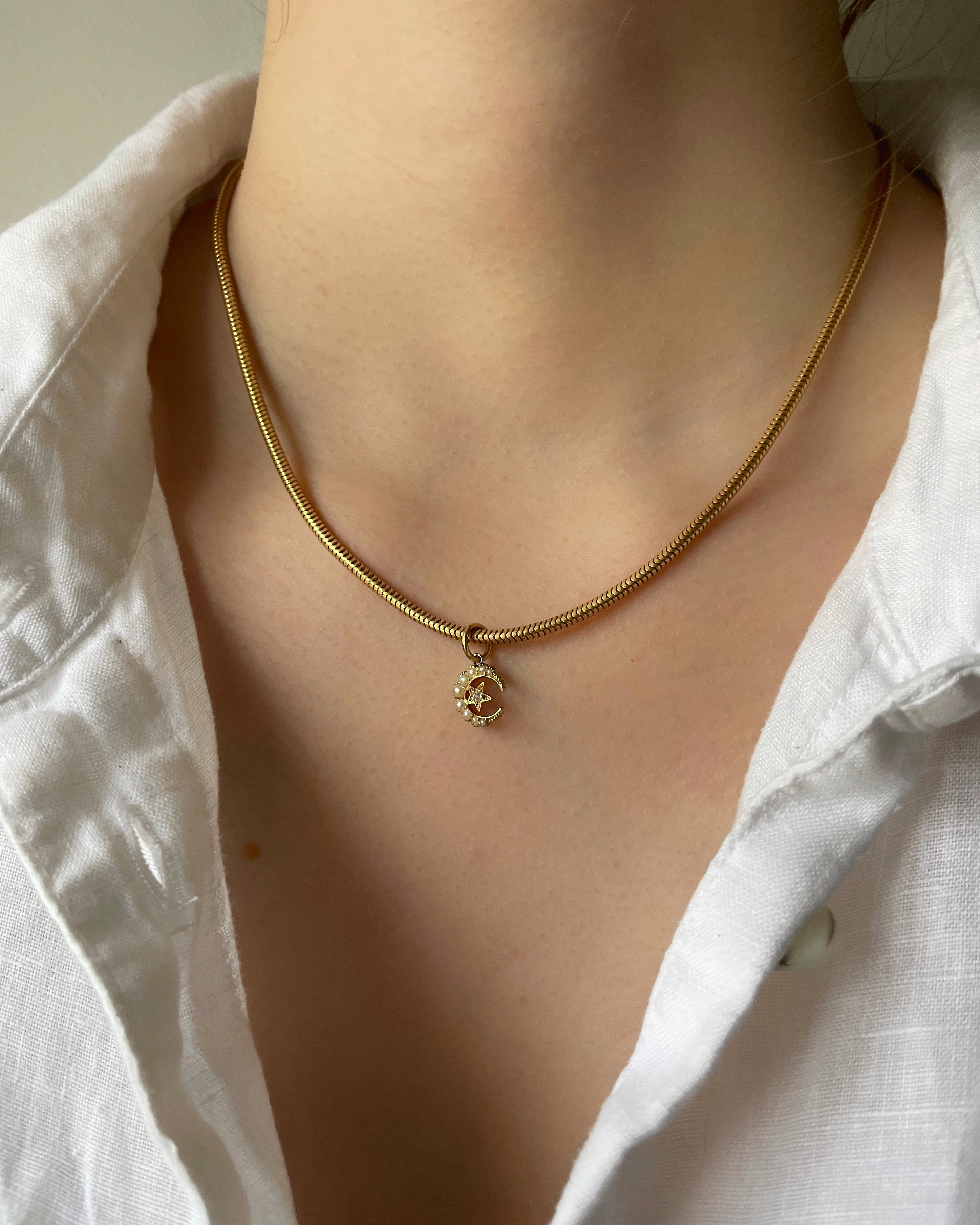Tiny 15ct Gold Crescent Charm with Diamond & Seed Pearl