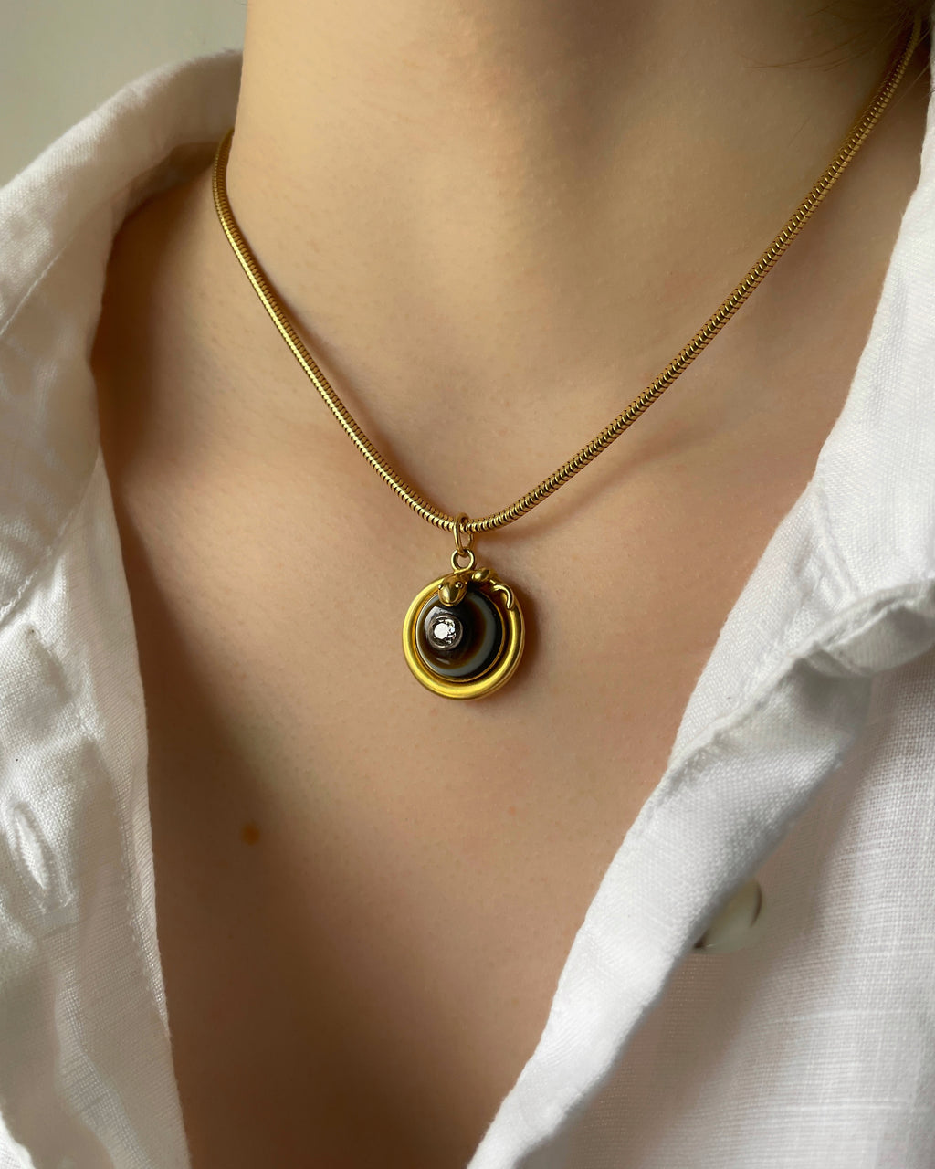 Antique Victorian 15ct Gold Serpent Mourning Pendant with Banded Agate & Diamond